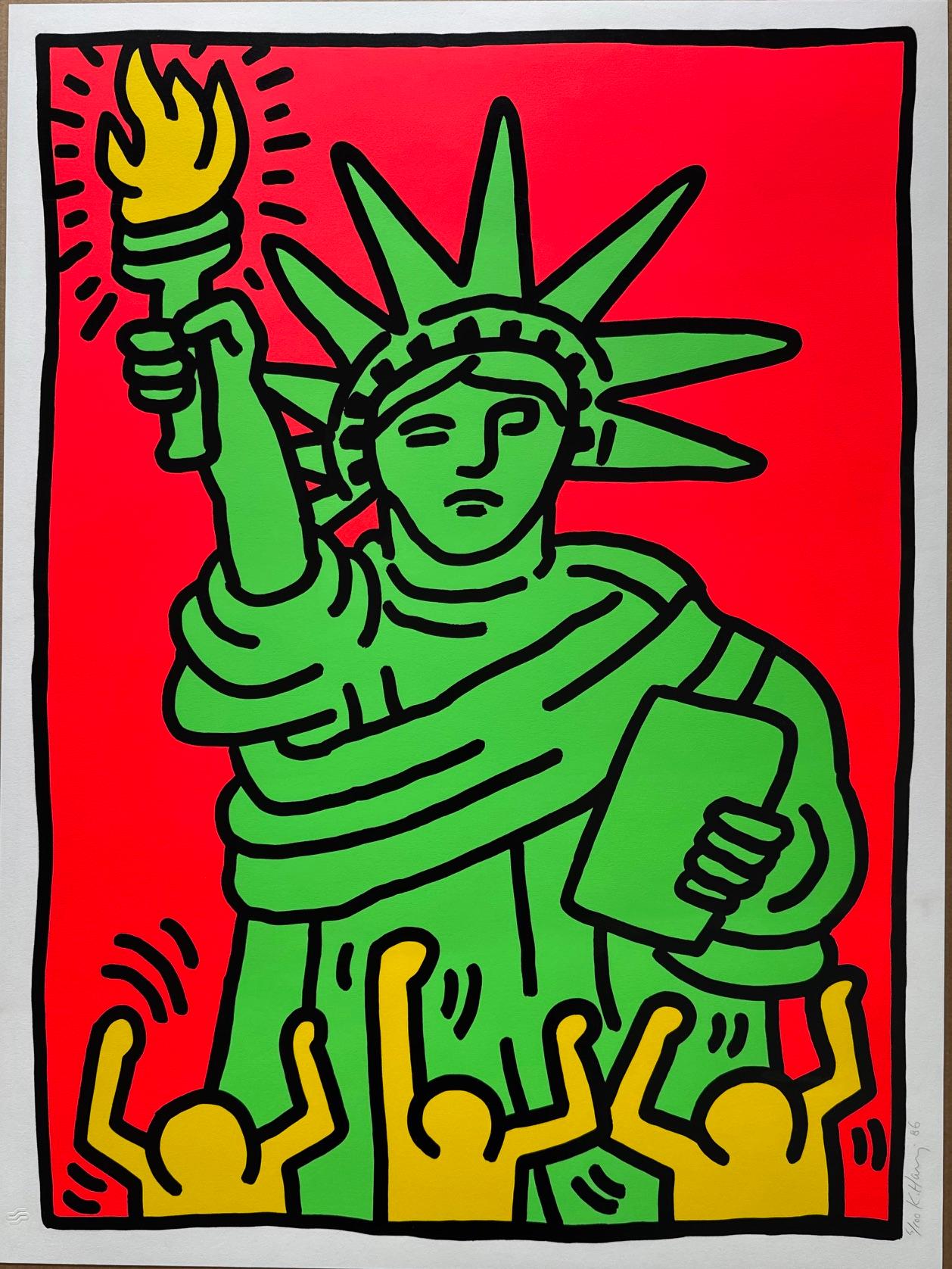 Immagine iconica, brillante e altamente collezionabile di Keith Haring, Statua della Libertà è stata creata dall'artista nel 1986 come serigrafia originale a colori.   Firmata a mano, datata e numerata dall'edizione di 100 esemplari più 25 AP,