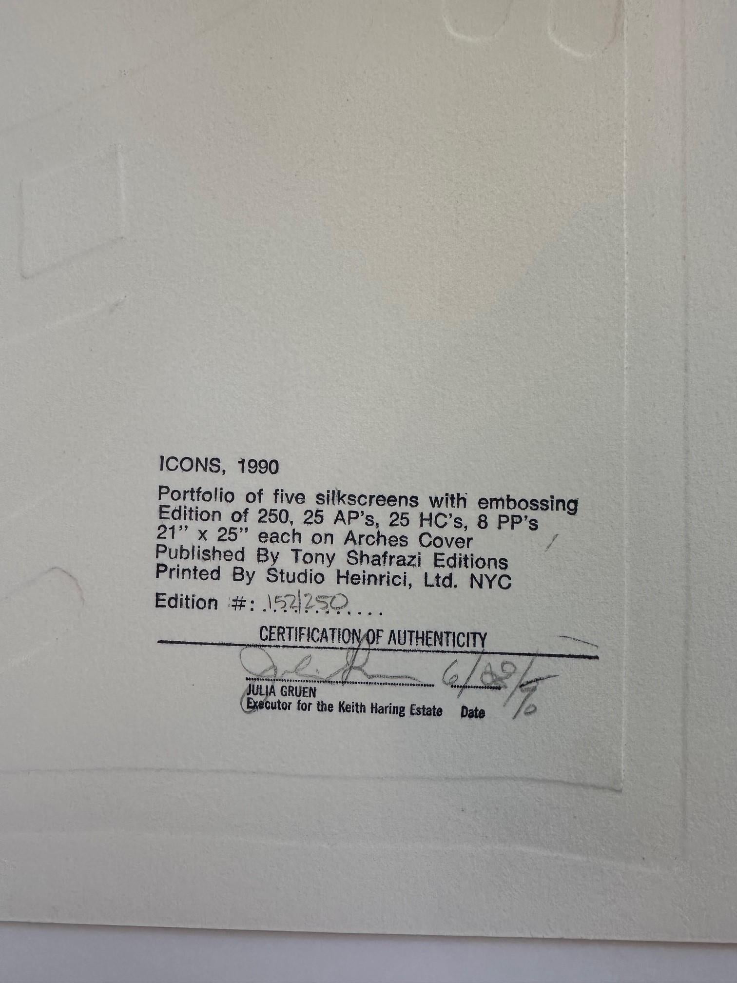 Siebdruckfarbe auf geprägtem Arches-Umschlagpapier.  Signiert, datiert und nummeriert aus der Printers Proof Auflage von 8 (Die reguläre Auflage war 250) in Bleistift auf der Rückseite von Keith Haring Estate. Herausgegeben von Tony Shafrazi, New