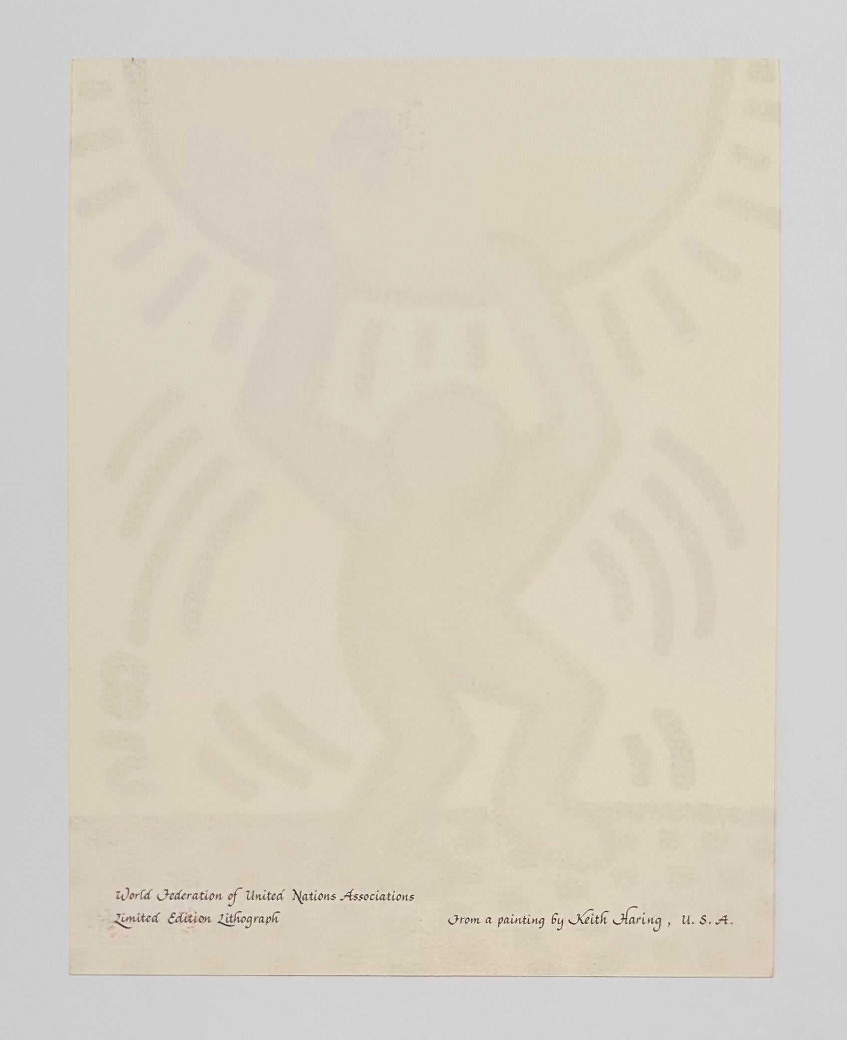 Artist: Keith Haring
Title: United Nations International Youth Year
Medium: Lithograph in colors
Date: 1985
Edition: 91/1000
Sheet Size: 11
