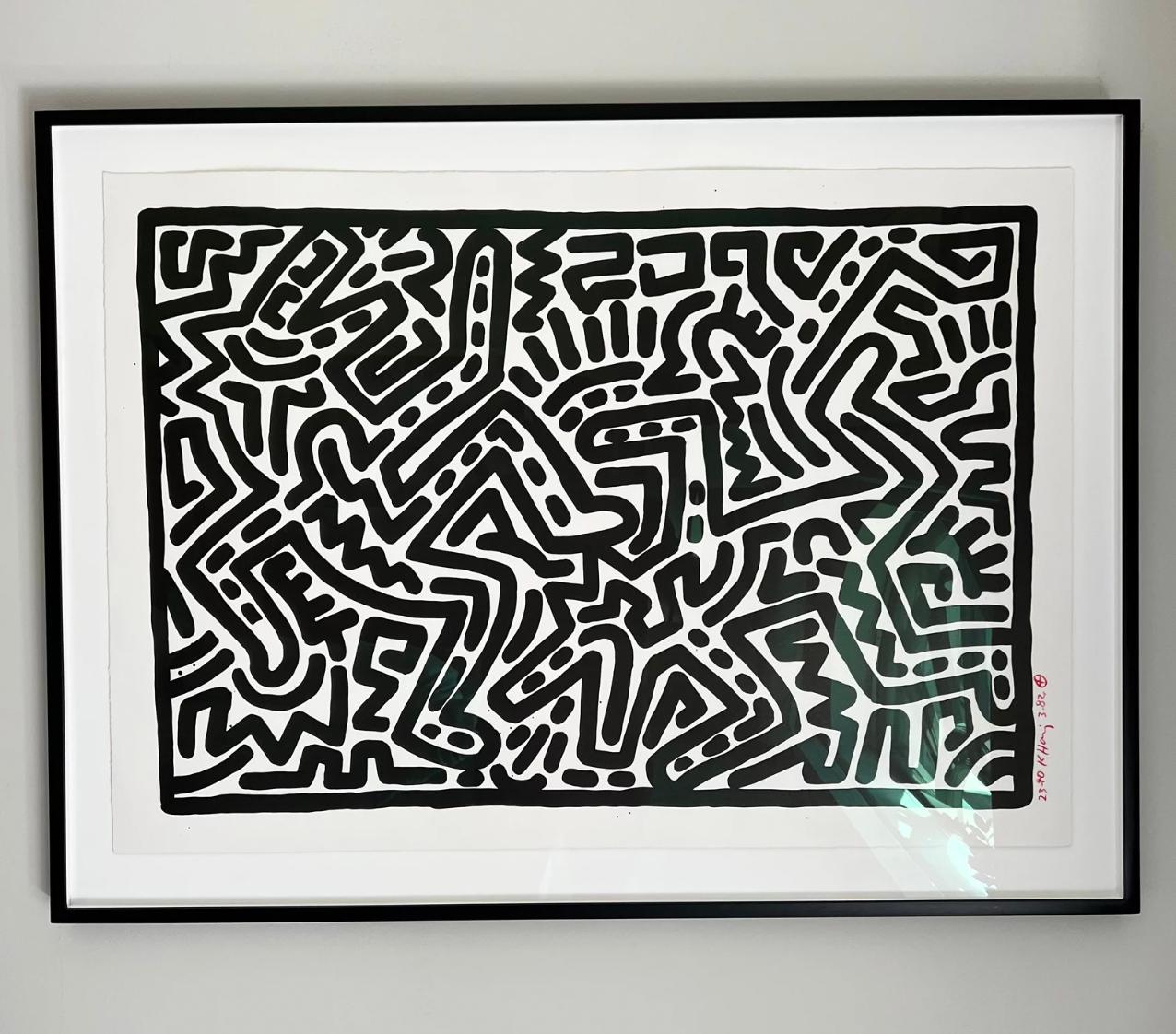 Künstler: Keith Haring 
Titel: Unbetitelt (Tafel 1)
Größe:  24 x 36 in. (61 x 91.4 cm)
Medium: Lithographie auf Arches-Papier
Auflage: 23 von 40
Jahr: 1982
Anmerkungen: Aus einer Folge von sechs Drucken. Signiert, datiert und nummeriert am rechten