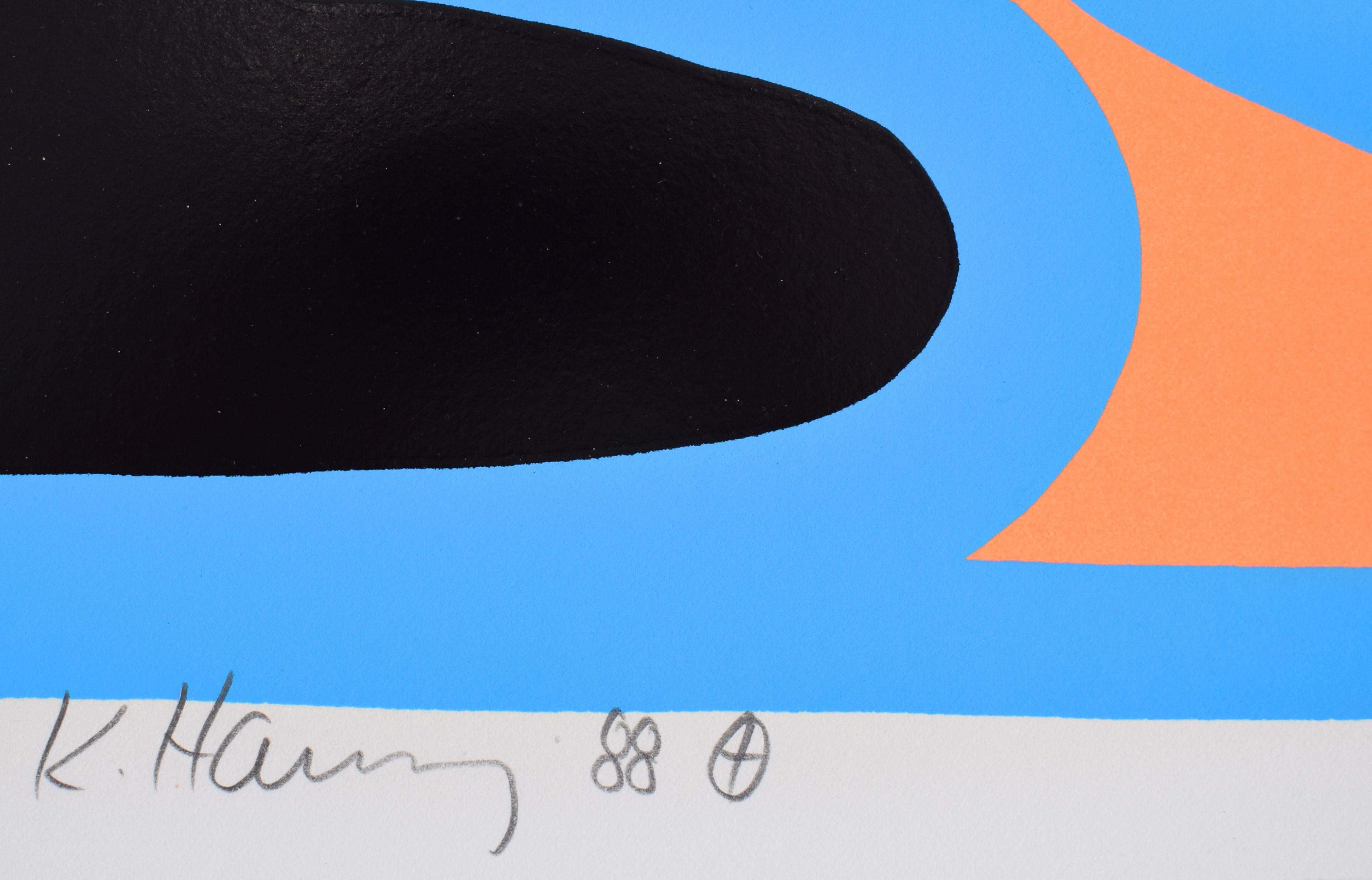 This original screenprint in colours is signed in pencil by the artist “K. Haring” in the lower right margin. 
It is also dated “88” [1988] next to the signature and bears the artist’s cross in circle symbol next to the date.
It is also inscribed