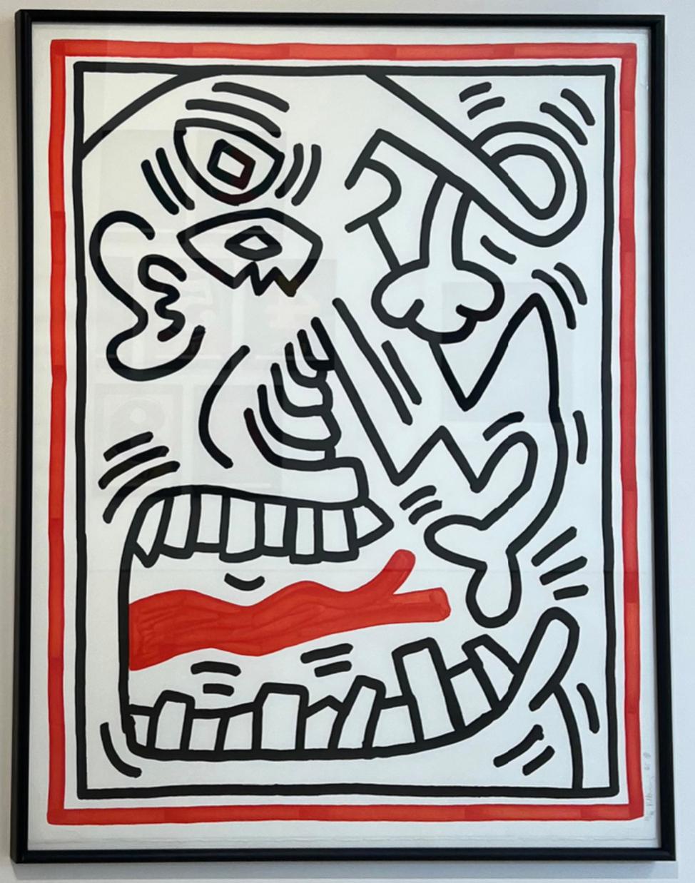 Artiste : Keith Haring 
Titre : Trois lithographies (planche 1)
Taille :  39 1/4 x 31 7/8 in. (99.7 x 81 cm)
Support : Lithographie couleur sur papier BFK Rives
Edition : 69 de 80
Année : 1985
Notes : Signé, daté et numéroté sur le bord inférieur.
