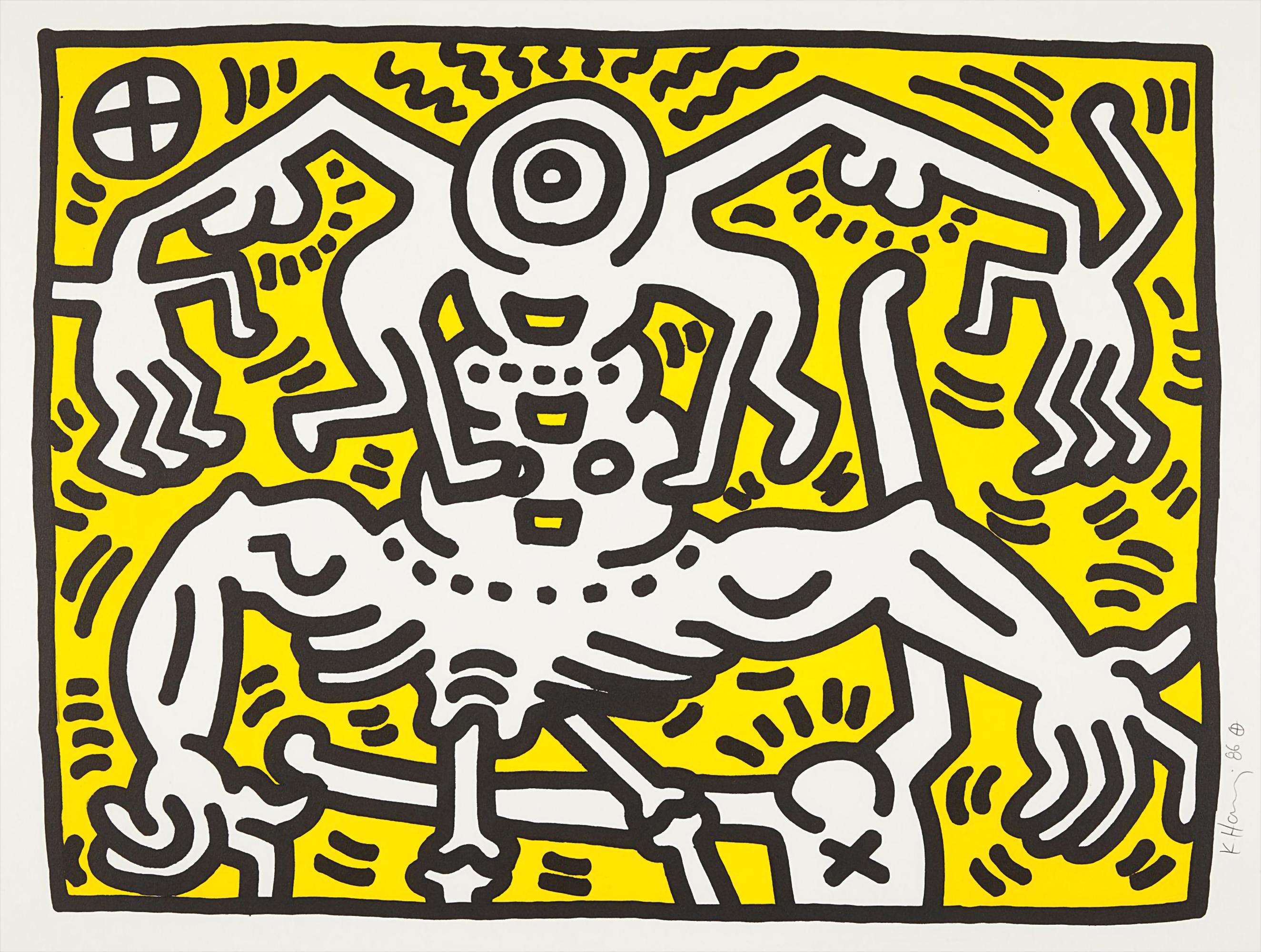Abstract Print Keith Haring - « Sans titre » (Littmann 62) – Estampe abstraite jaune et blanche, style Pop Art, années 1980
