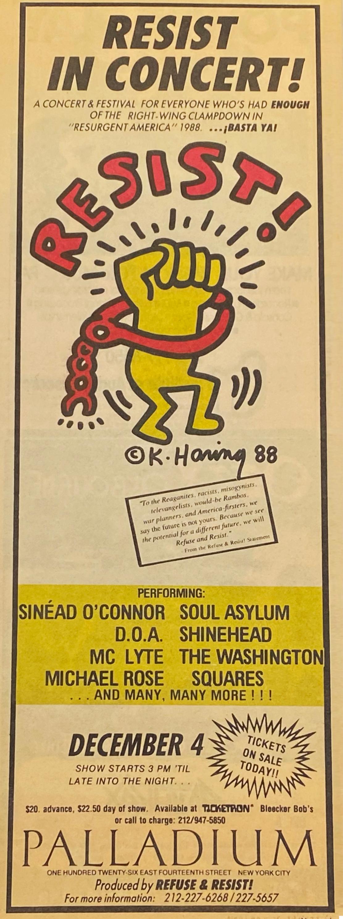 Keith Haring Resist in Concert! newspaper clipping, 1988:
Vintage original Keith Haring 1988 newspaper advertisement for Refuse and Resist produced concert December 4, 1988 at New York's Palladium nightclub. A rare Haring activist collectible