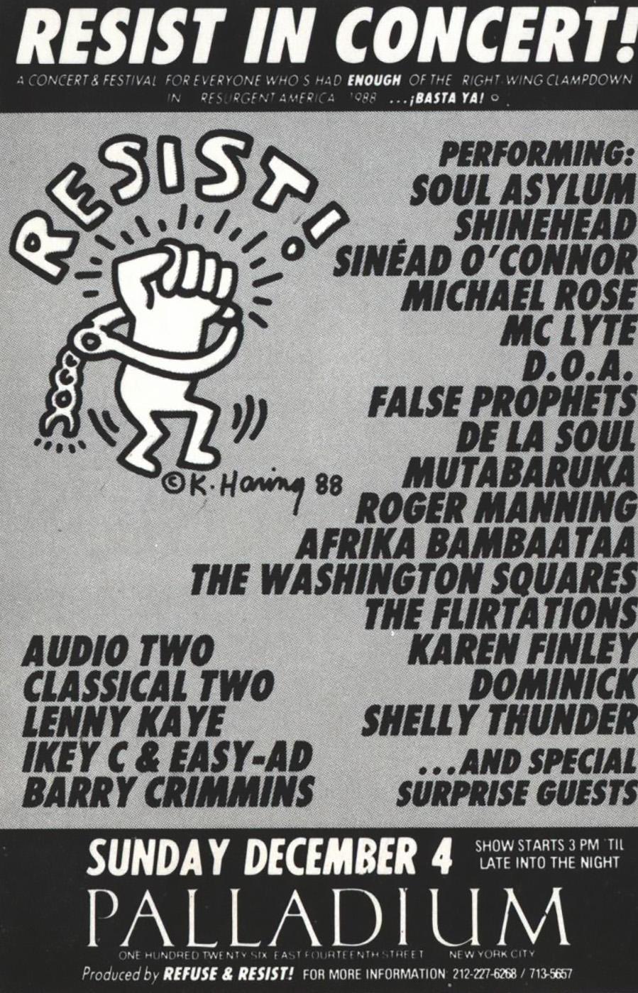 Keith Haring Resist in Concert! newspaper clipping, 1988:
Vintage original Keith Haring 1988 newspaper advertisement for Refuse and Resist produced concert December 4, 1988 at New York's Palladium nightclub. A rare Haring activist collectible