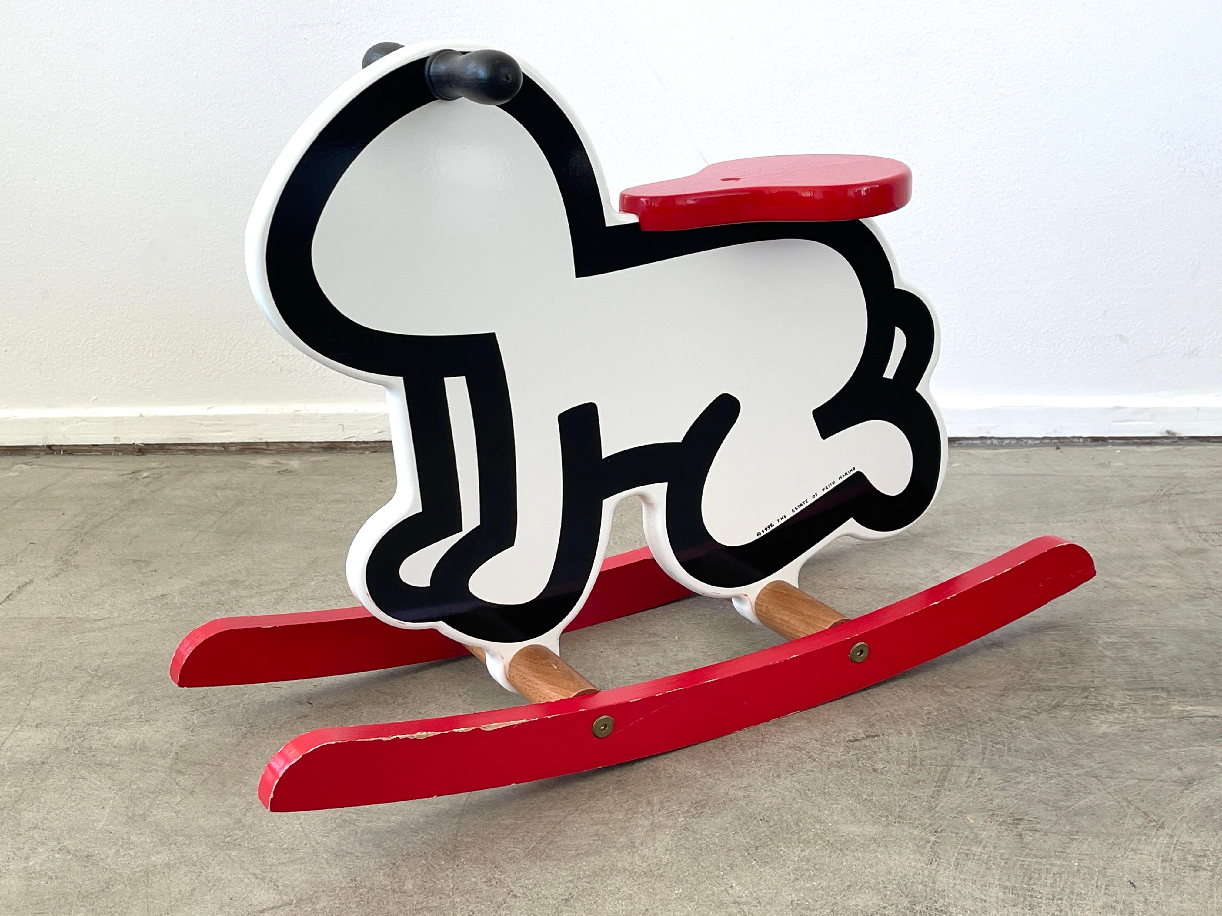 Keith Haring Children's rocker Pop Art horse chair Toy 1992. 
Child's rocker in wood painted black, white, and red, with signature Haring's iconic human form design as the rocking horse. 
Estate stamped 