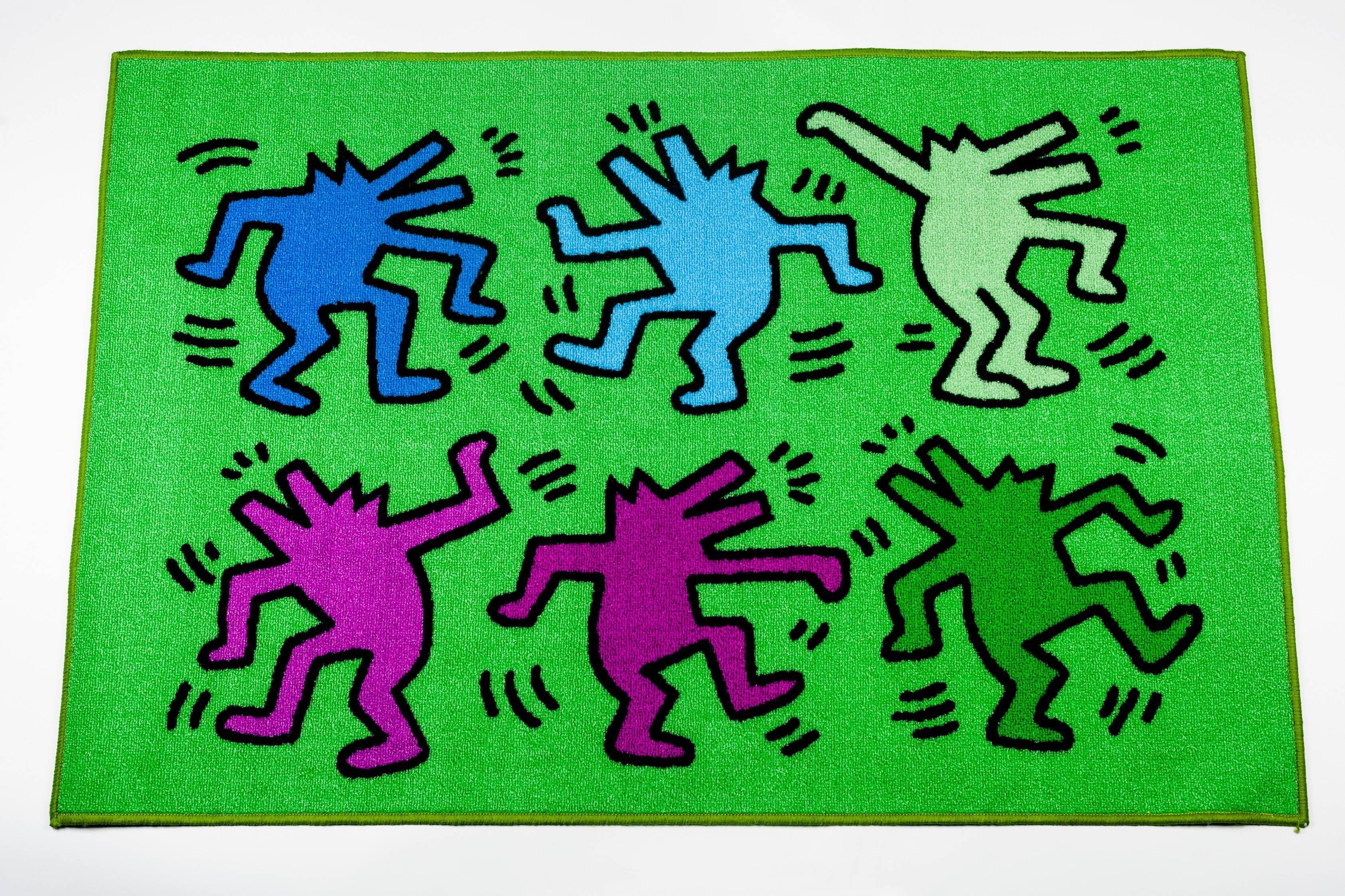 Italian Keith Haring Rug, Green, Blue, Purple, Dancing Dogs