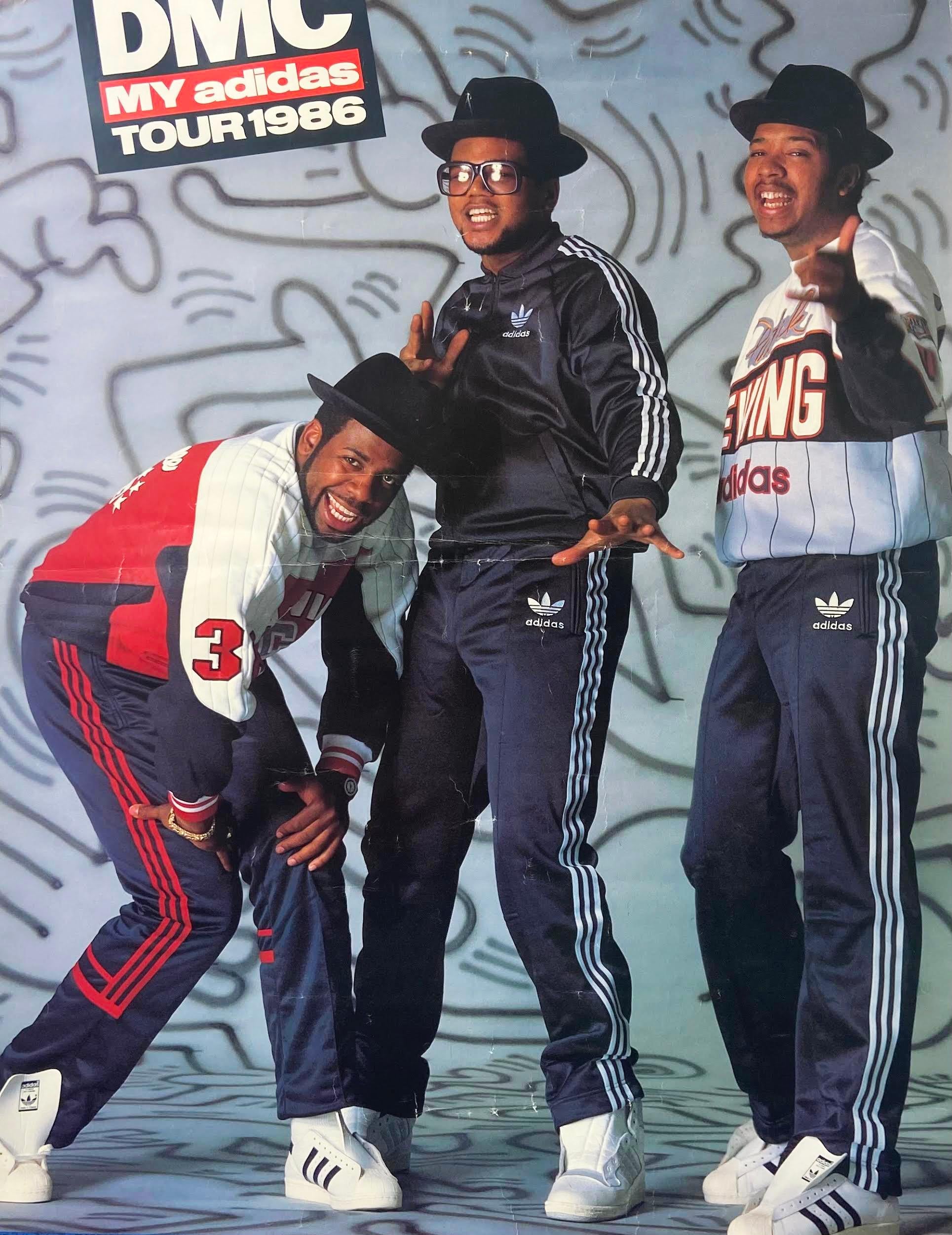 Keith Haring Run DMC Adidas Poster 1986:
Rare original Keith Haring designed and illustrated Run DMC promotional poster published in collaboration with Adidas and Keith Haring. The New York based band Run DMC was one of the first hip-hop and rap