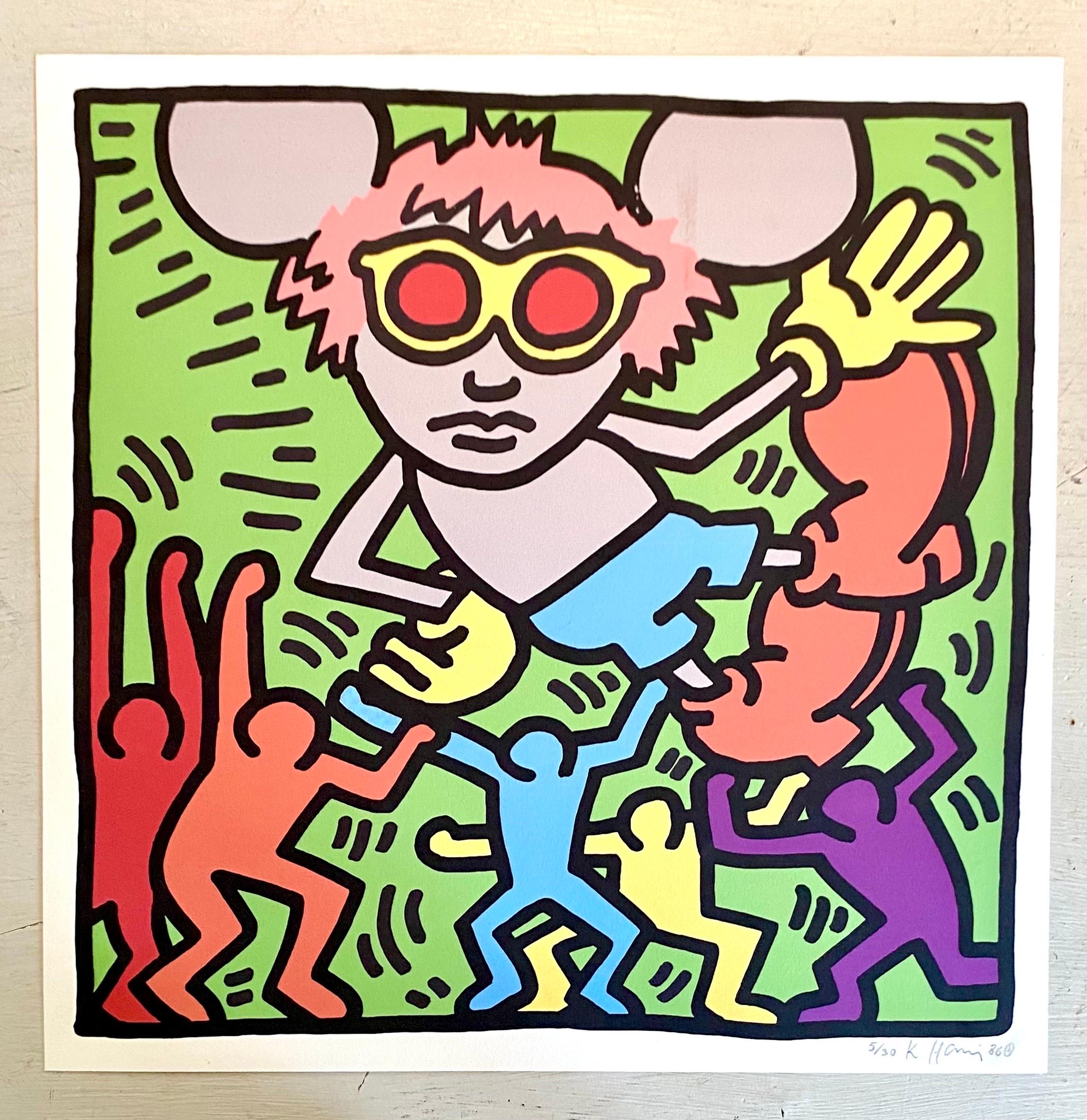 Sehr hübscher, farbenfroher und poppiger Siebdruck von Andy Mouse, Andy Warhol + Mickey Mouse, stellt die berühmte Maus mit einer Perücke und Sonnenbrille dar, die Warhols unverwechselbare Attribute sind.
Der Siebdruck ist handsigniert, nummeriert