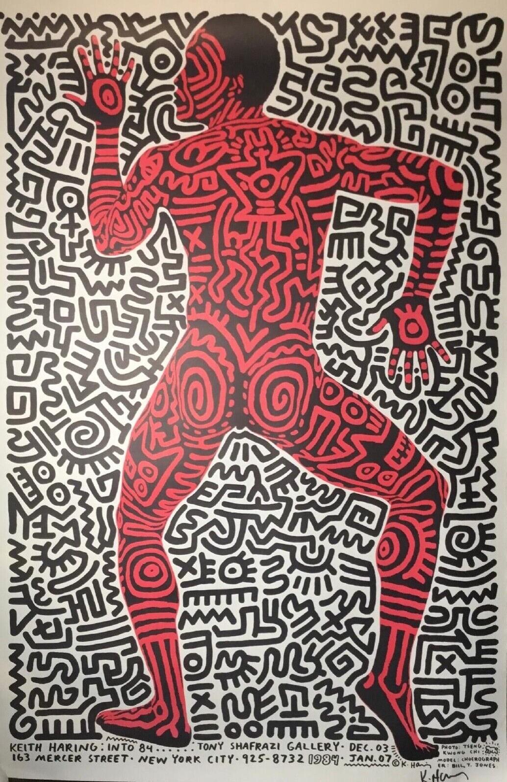 A fantastic, wonderfully designed, striking original color offset lithograph on thick wove paper exhibition poster from Keith Haring's 1983 Tony Shafrazi New York City Gallery show Into 84.  The work depicts choreographer and dancer Bill T. Jones'