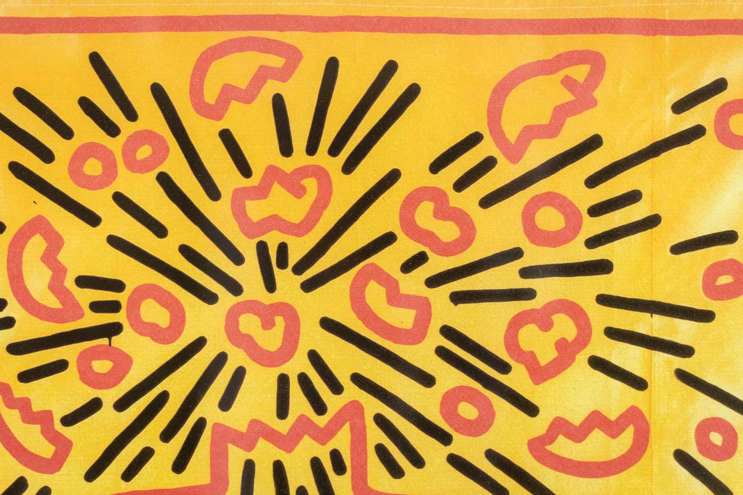 Keith Haring, signed and numbered.

Abstract silkscreen, suggesting a schematic figure, in shades of yellow, orange and black in its blond oak frame.

Numbered 18/150.

American work realized in the 1990s.

Dimensions: W 50 x H 70 x D 2