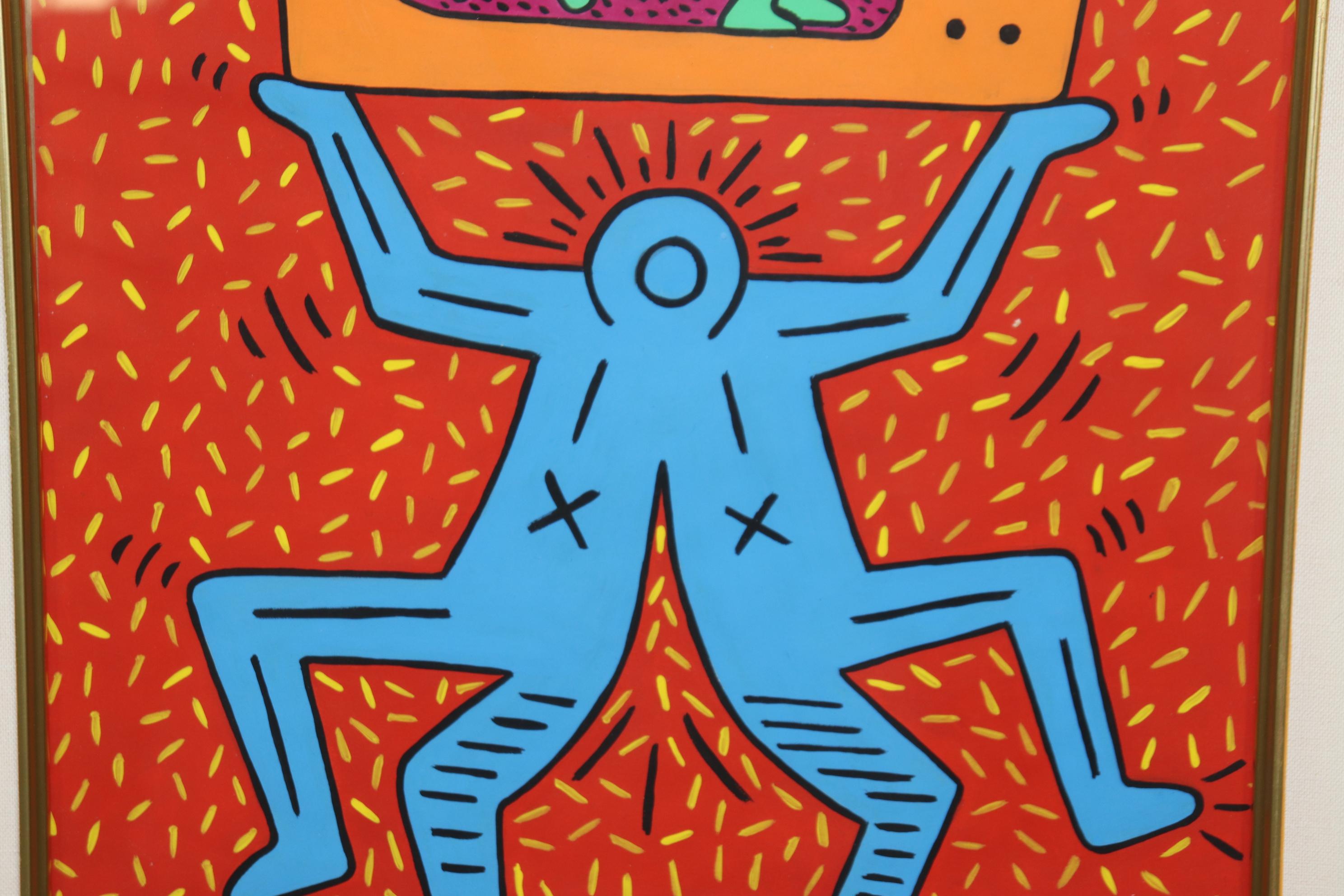 Gerahmtes Gemälde im Stil von Keith Haring, Moderne der Mitte des Jahrhunderts (Handbemalt) im Angebot
