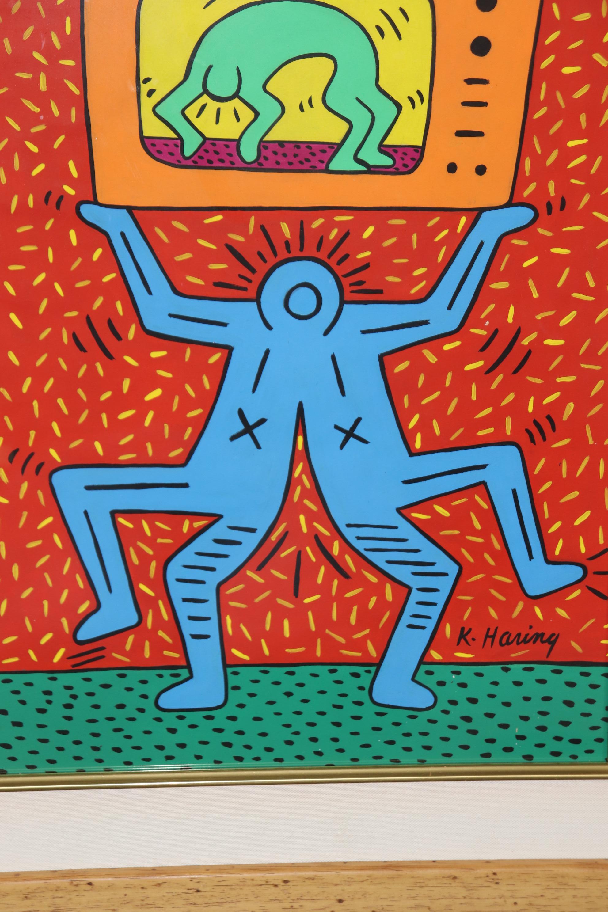 Hand-Painted Keith Haring Style Mid Century Modern Framed Painting For Sale