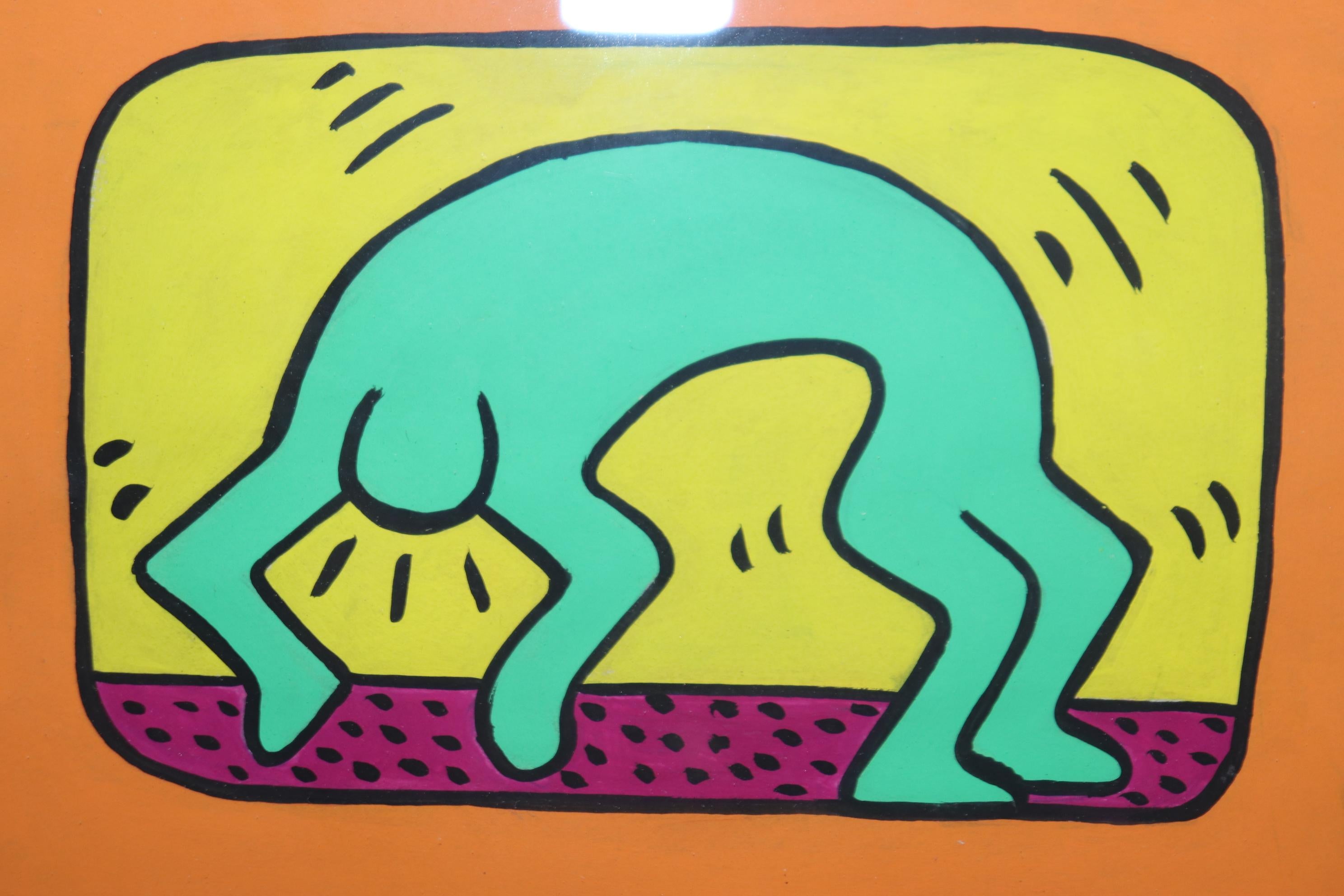 20th Century Keith Haring Style Mid Century Modern Framed Painting For Sale