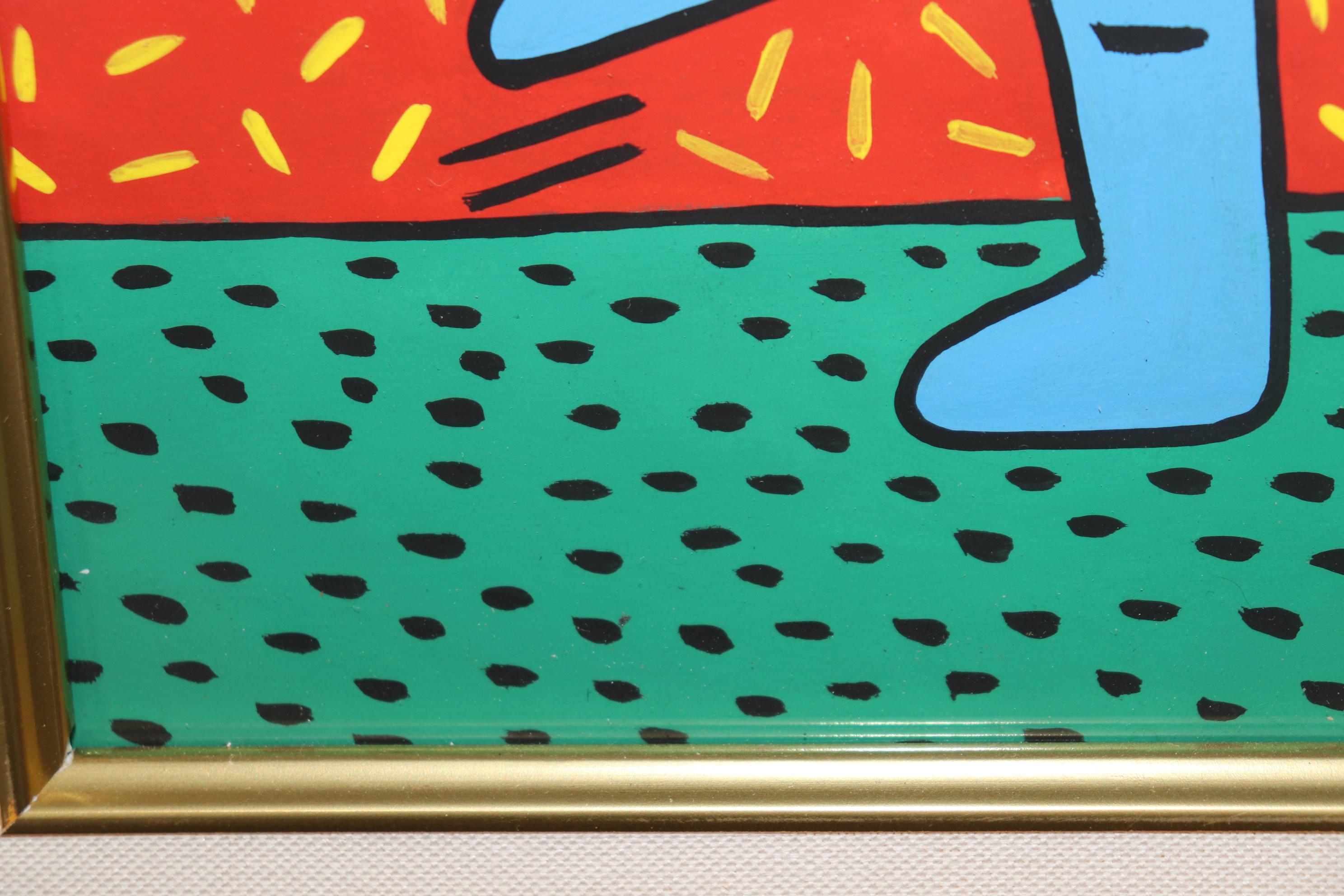 Keith Haring Style Mid Century Modern Framed Painting For Sale 1