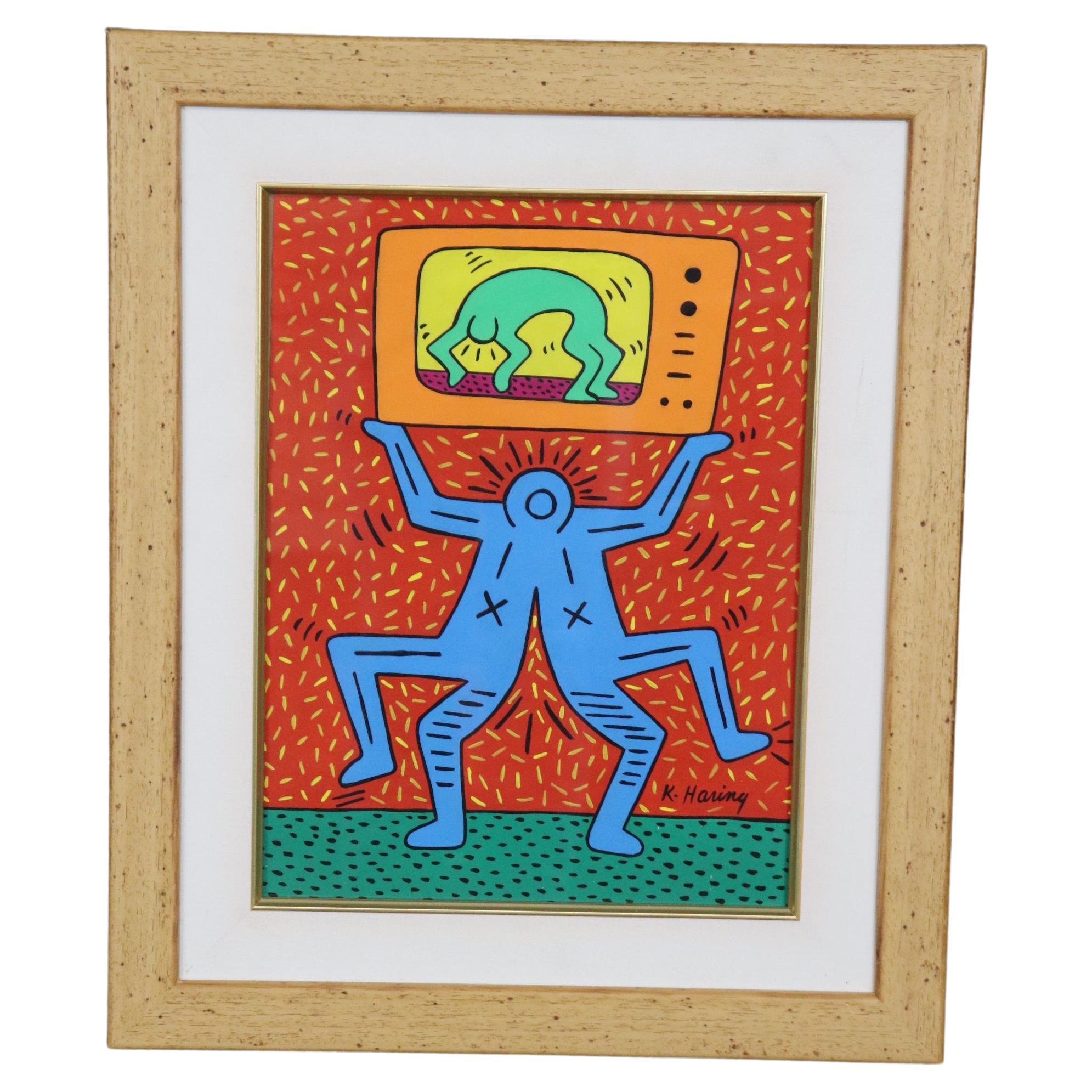 Gerahmtes Gemälde im Stil von Keith Haring, Moderne der Mitte des Jahrhunderts im Angebot