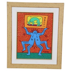 Peinture encadrée moderne du milieu du siècle dernier de style Keith Haring