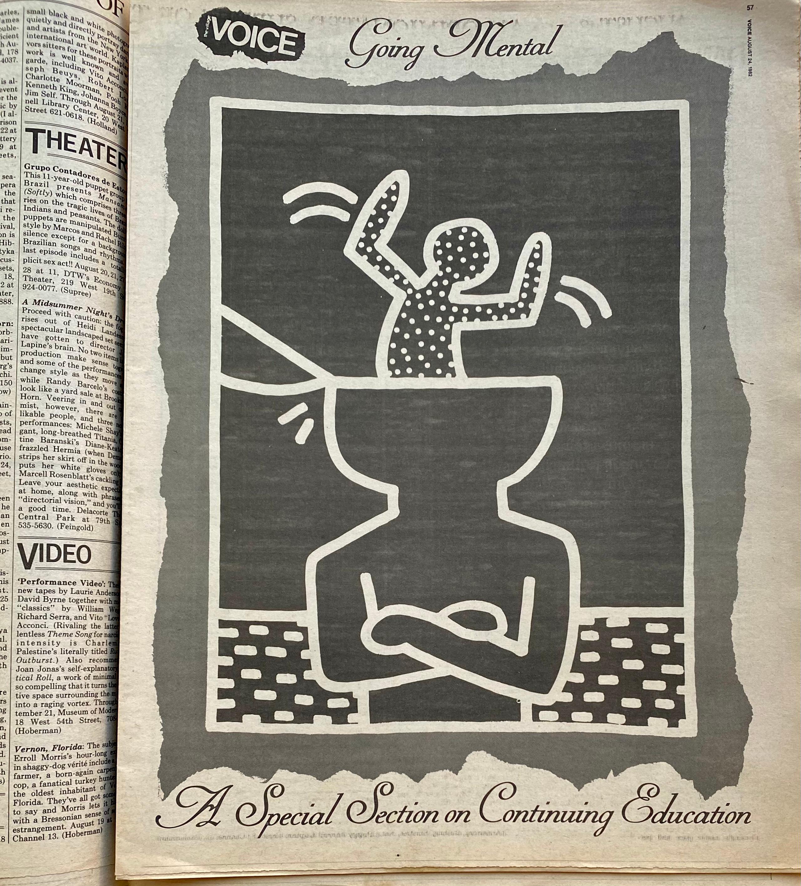 Keith Haring New York, 1982:
Rare highly sought-after 1982 Village Voice newspaper featuring cover and interior illustrations by Keith Haring as part of a ‘special section on continuing education.’

The complete newspaper. Measures: Approximately