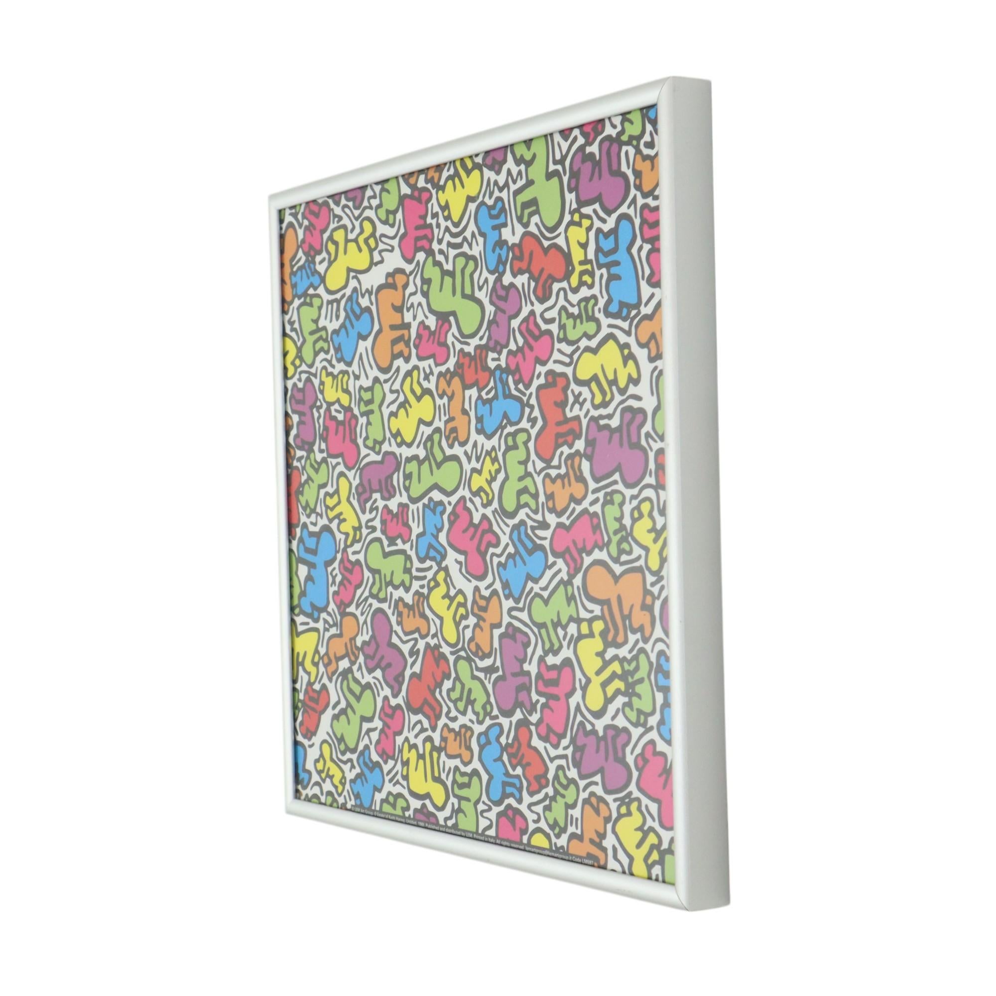 Stampa offset vintage incorniciata di Keith Haring, realizzata da LEM art group Italy nel 1988, intitolata 'Untitled', composizione di bambini gattonanti e colorati.

Questa stampa è incorniciata professionalmente in una cornice di metallo argentato