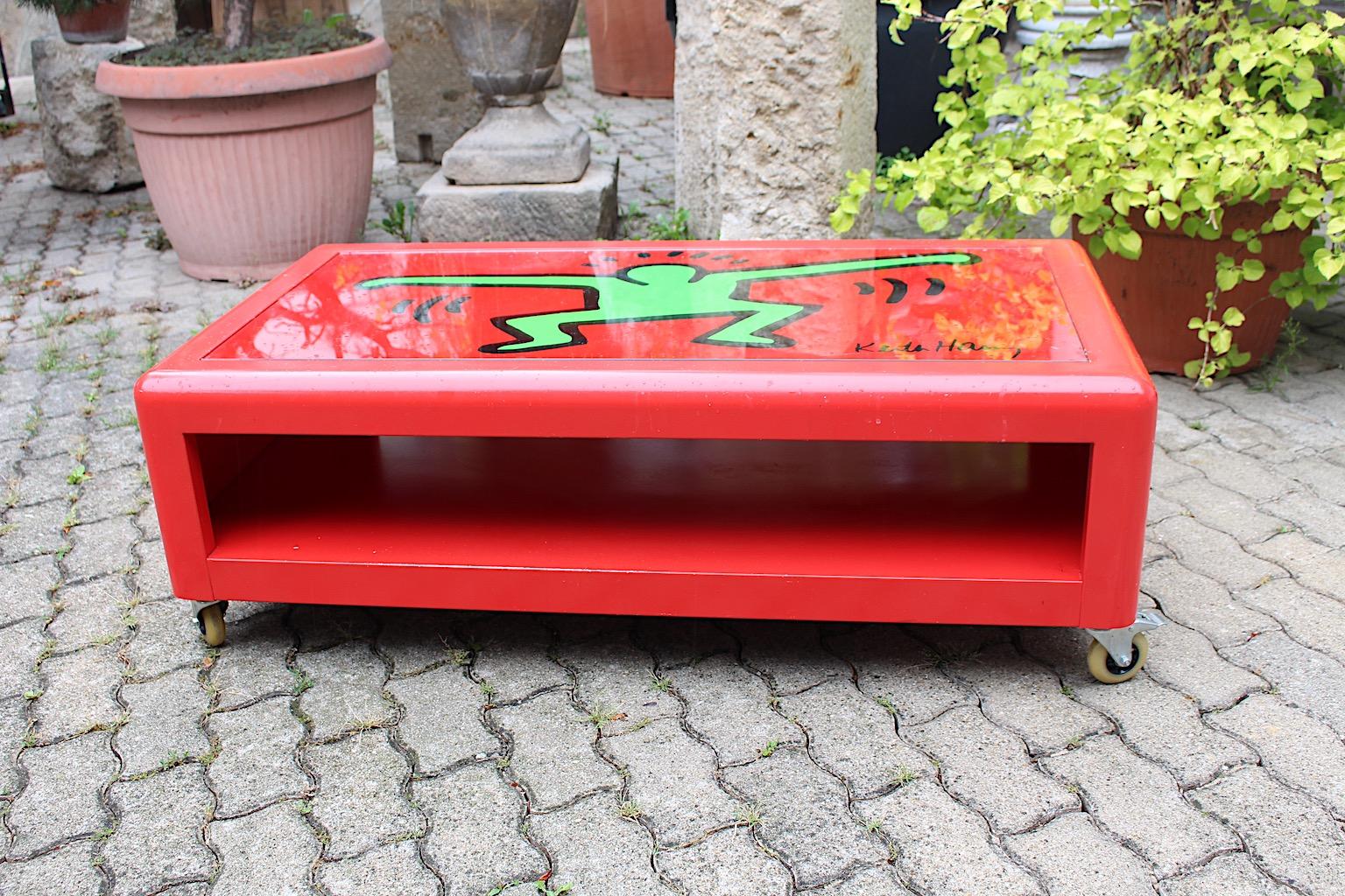 Keith Haring Vintage Pop Art Sofa Table Red Green Metal Bretz 1998 Germany For Sale 8