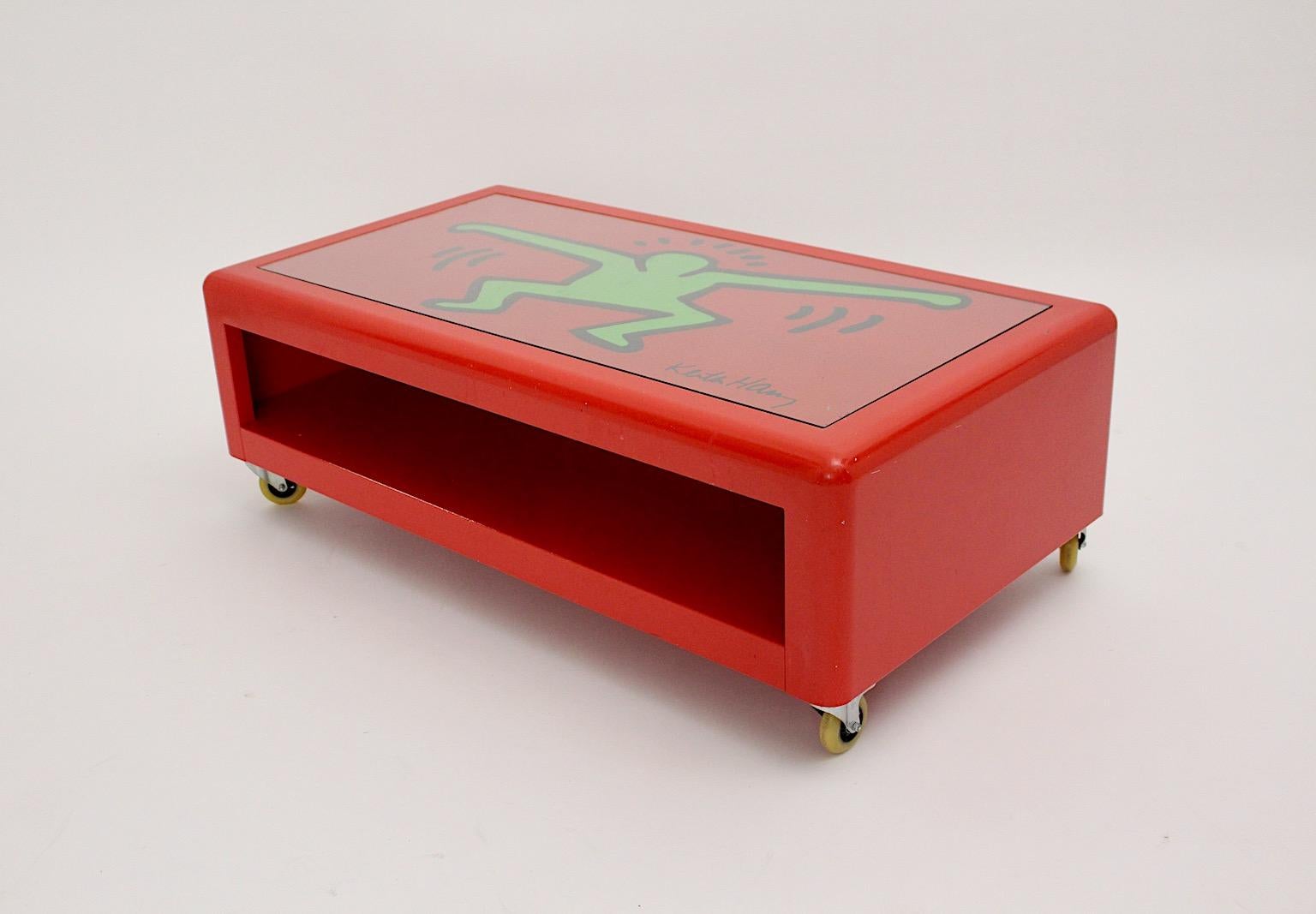 Late 20th Century Keith Haring Vintage Pop Art Sofa Table Red Green Metal Bretz 1998 Germany For Sale