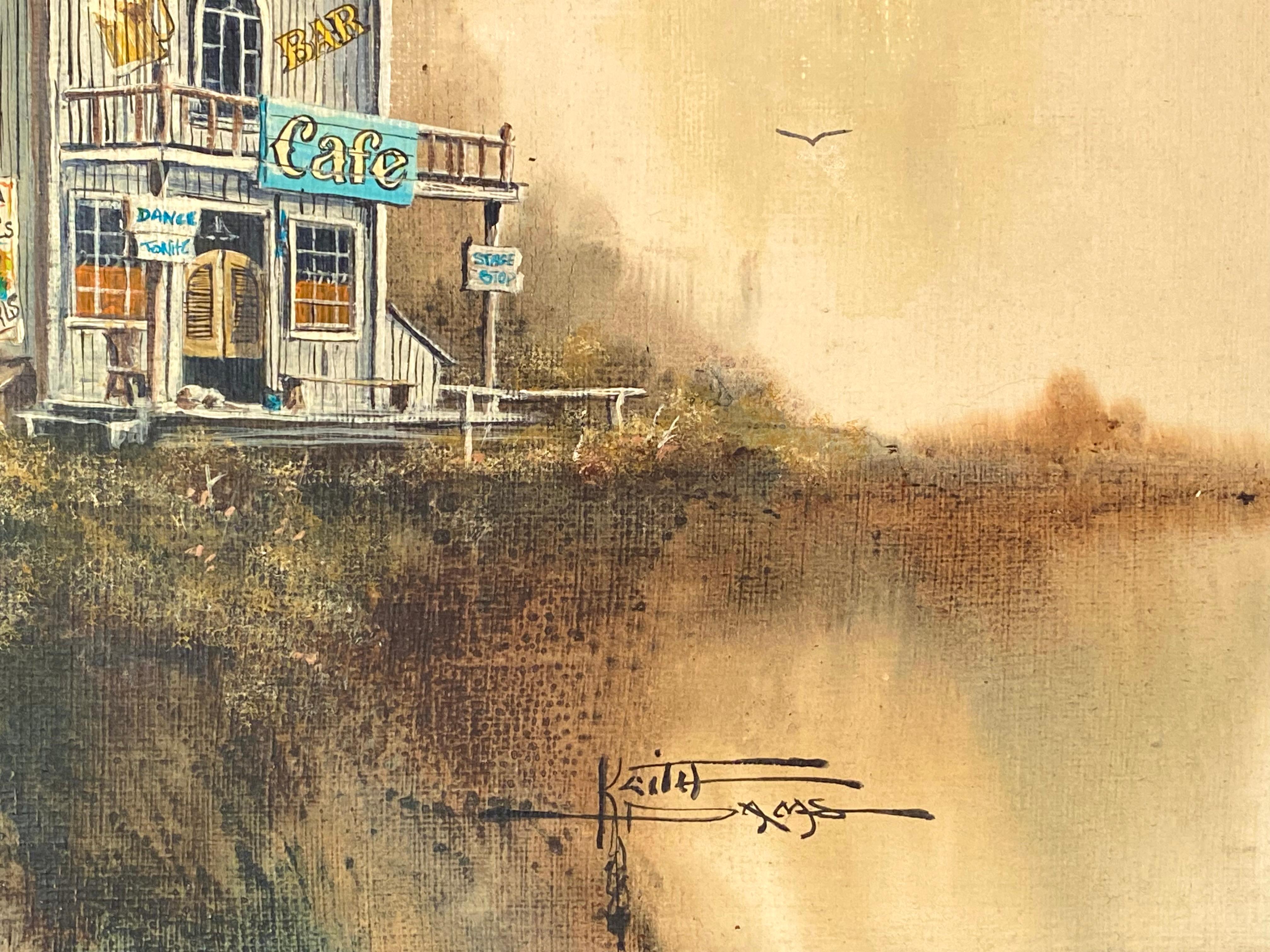“Scorpio’s Bar and Cafe” - Beige Landscape Painting by Keith Holmes