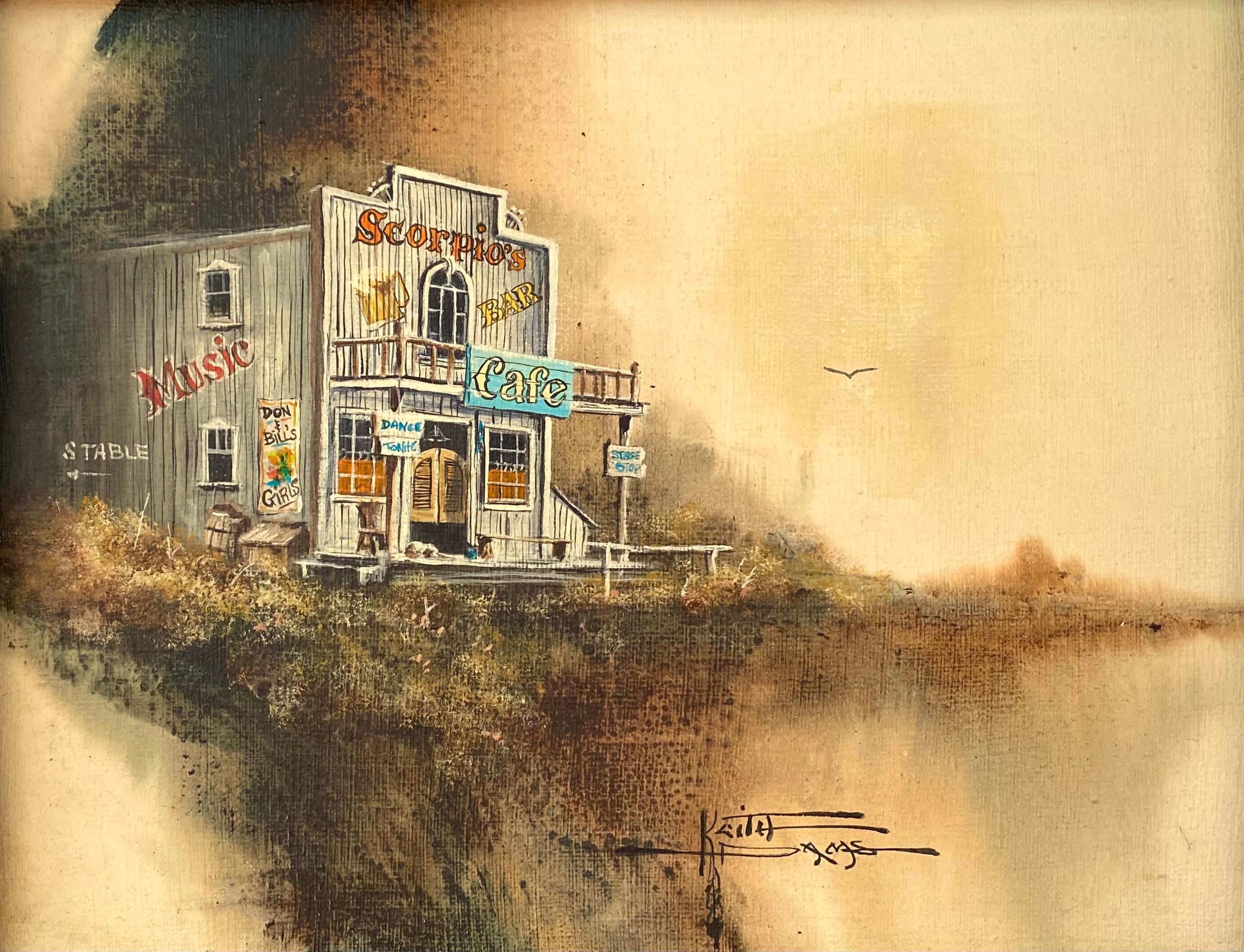 Keith Holmes Landscape Painting - “Scorpio’s Bar and Cafe”