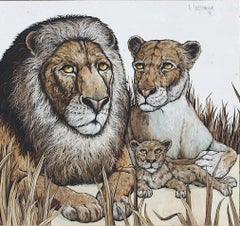 Keith Ingermann (americano, 1929 - 2012) Famiglia di leoni, olio su tavola