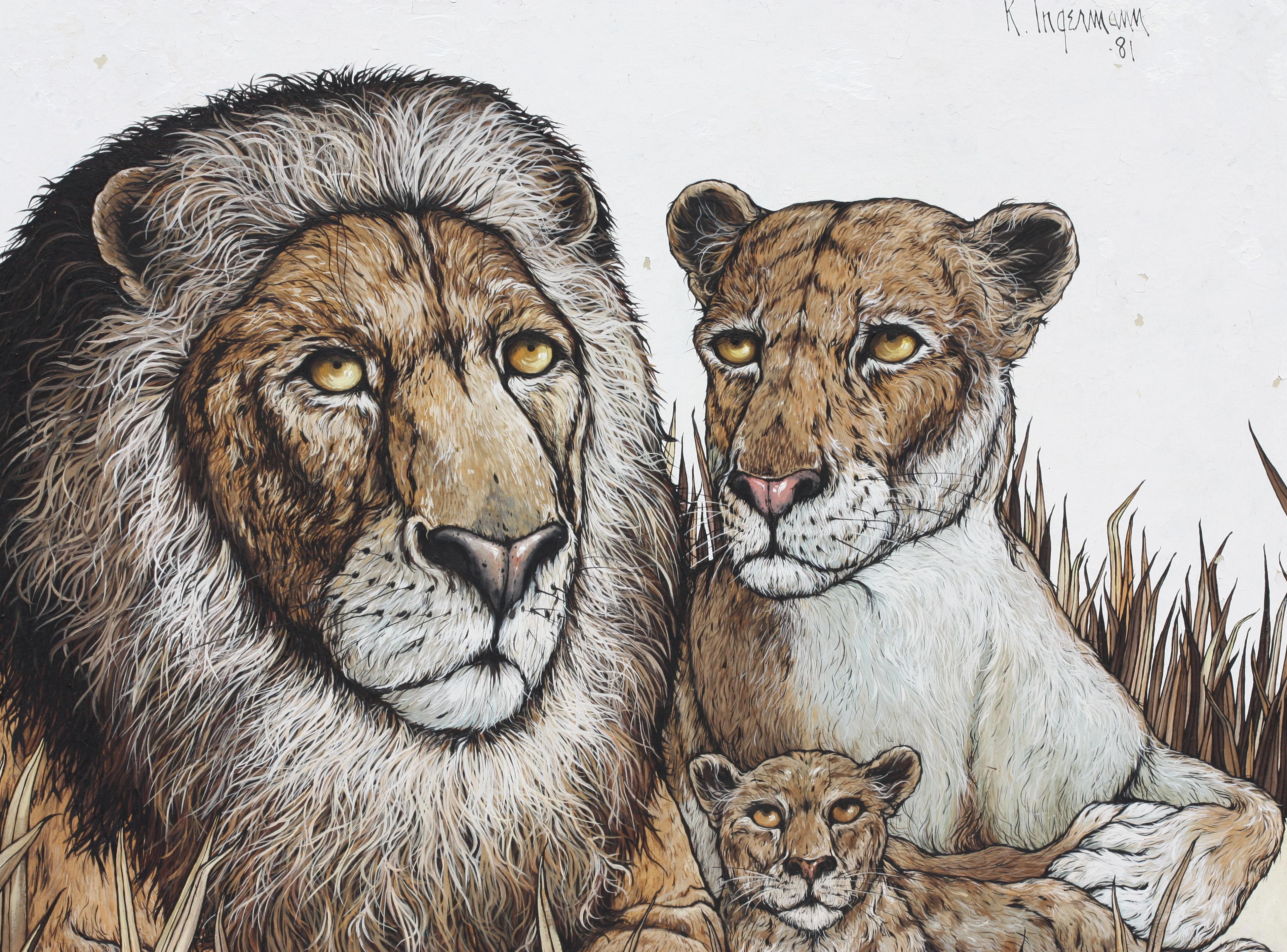Tela Keith Ingermann (americano, 1929 - 2012) Famiglia di leoni, olio su tavola in vendita