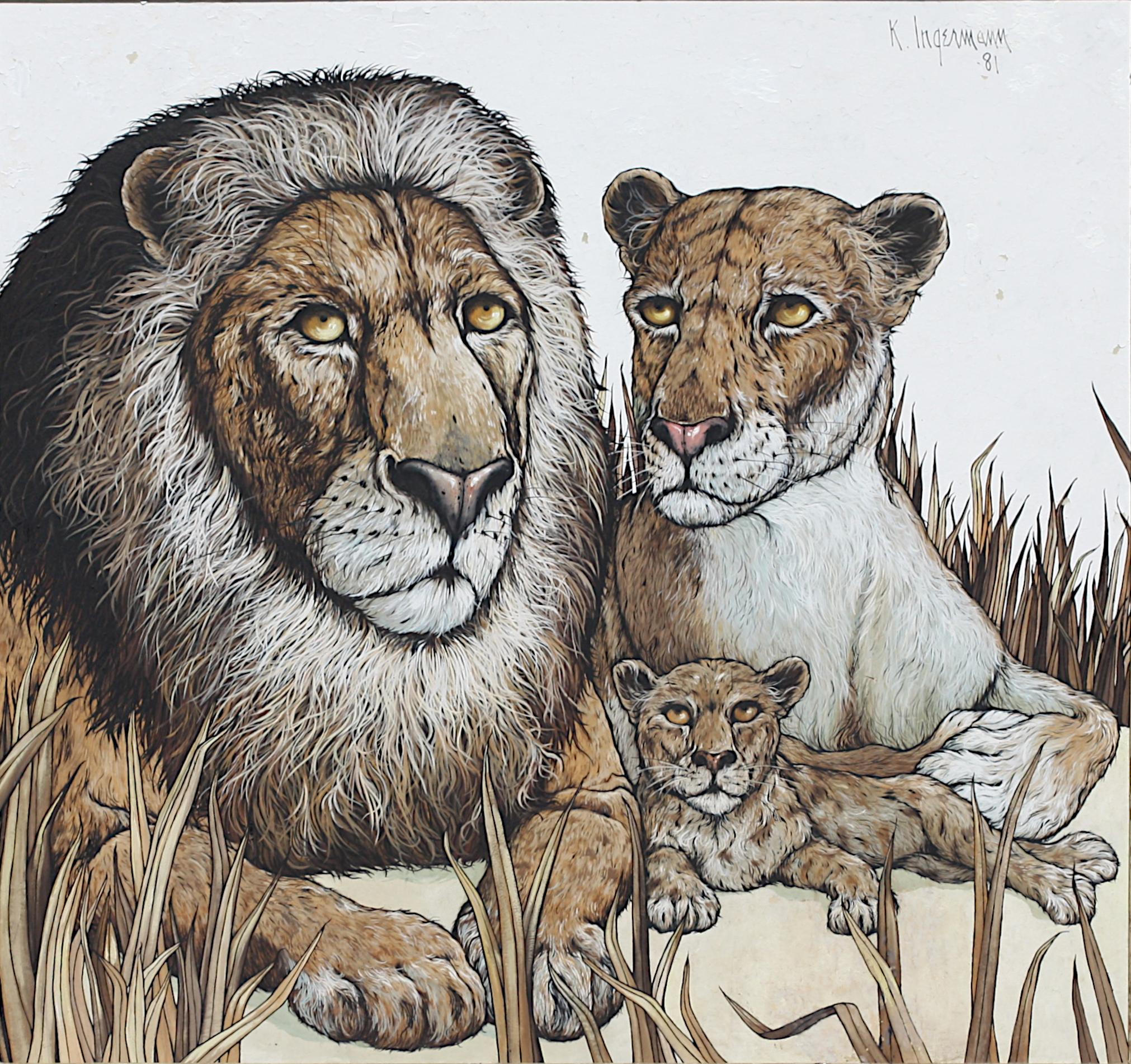Keith Ingermann (americano, 1929 - 2012) Famiglia di leoni, olio su tavola in vendita 2