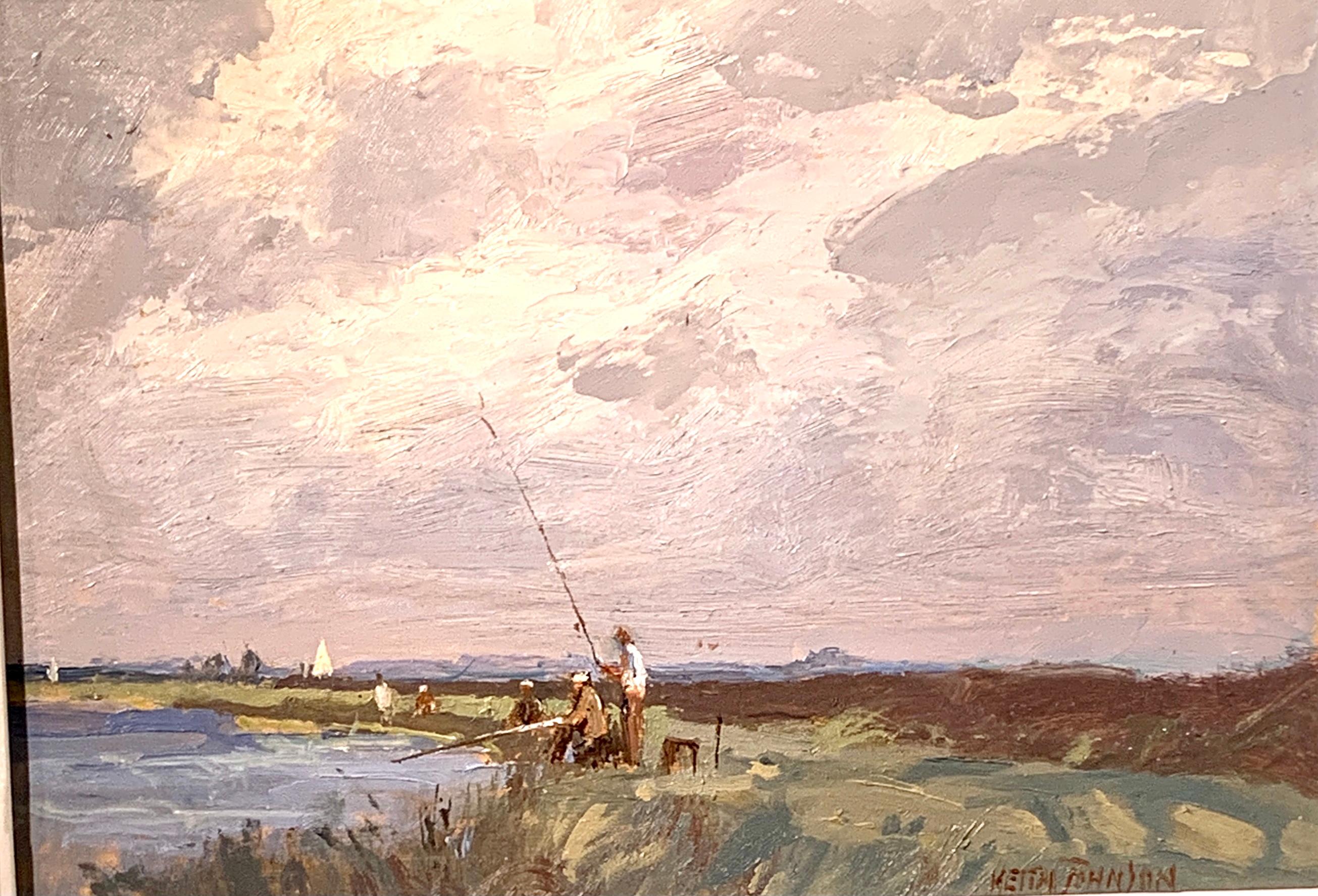 English Impressionist 20th century fisherman fishing in Norfolk , England. - Painting by Keith Johnson