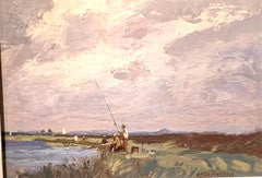 English Impressionist 20th century fisherman fishing in Norfolk , England.