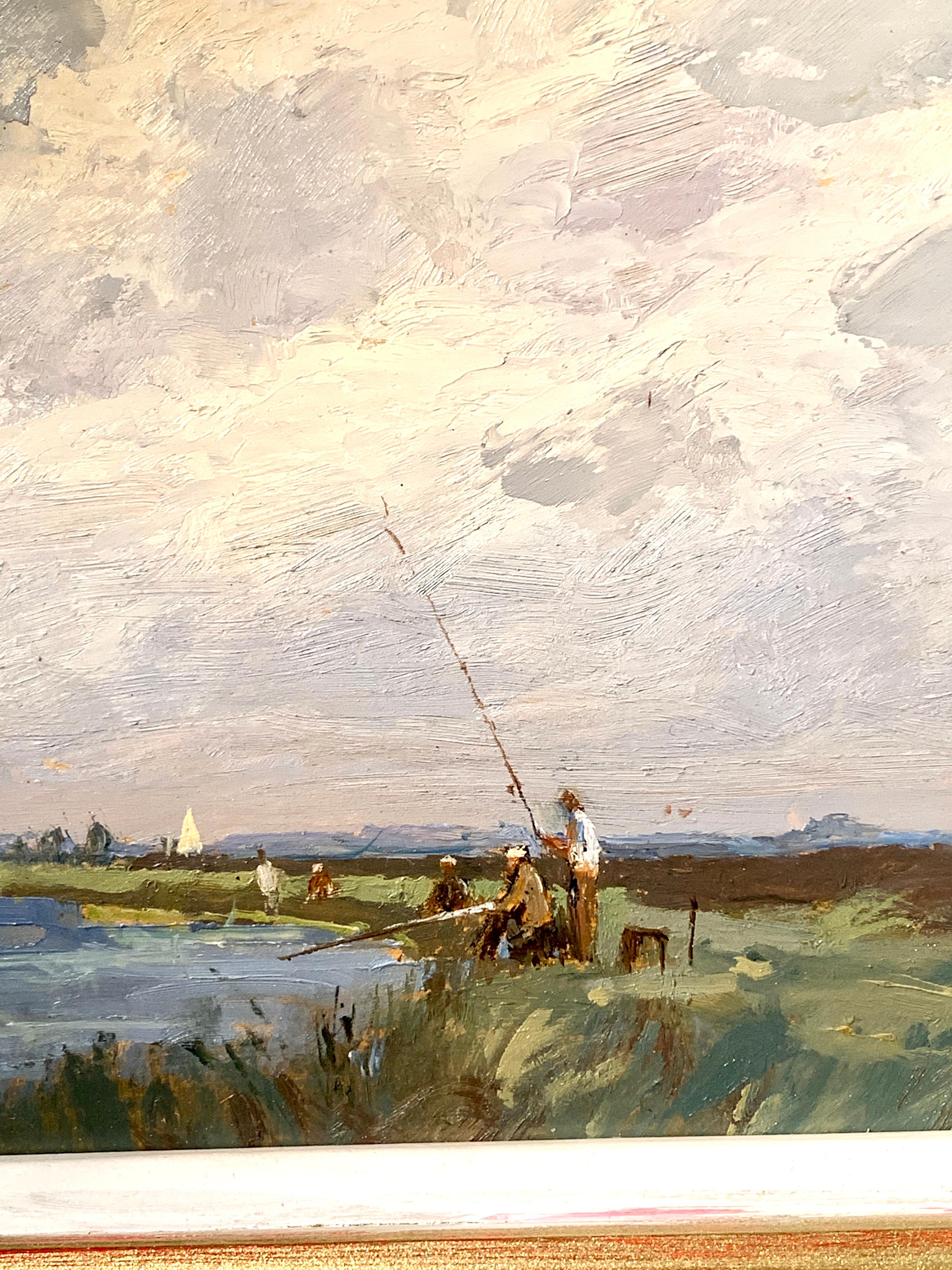 Fisherman impressionniste anglais du 20e siècle pêcheur au Norfolk, Angleterre. - Beige Landscape Painting par Keith Johnson