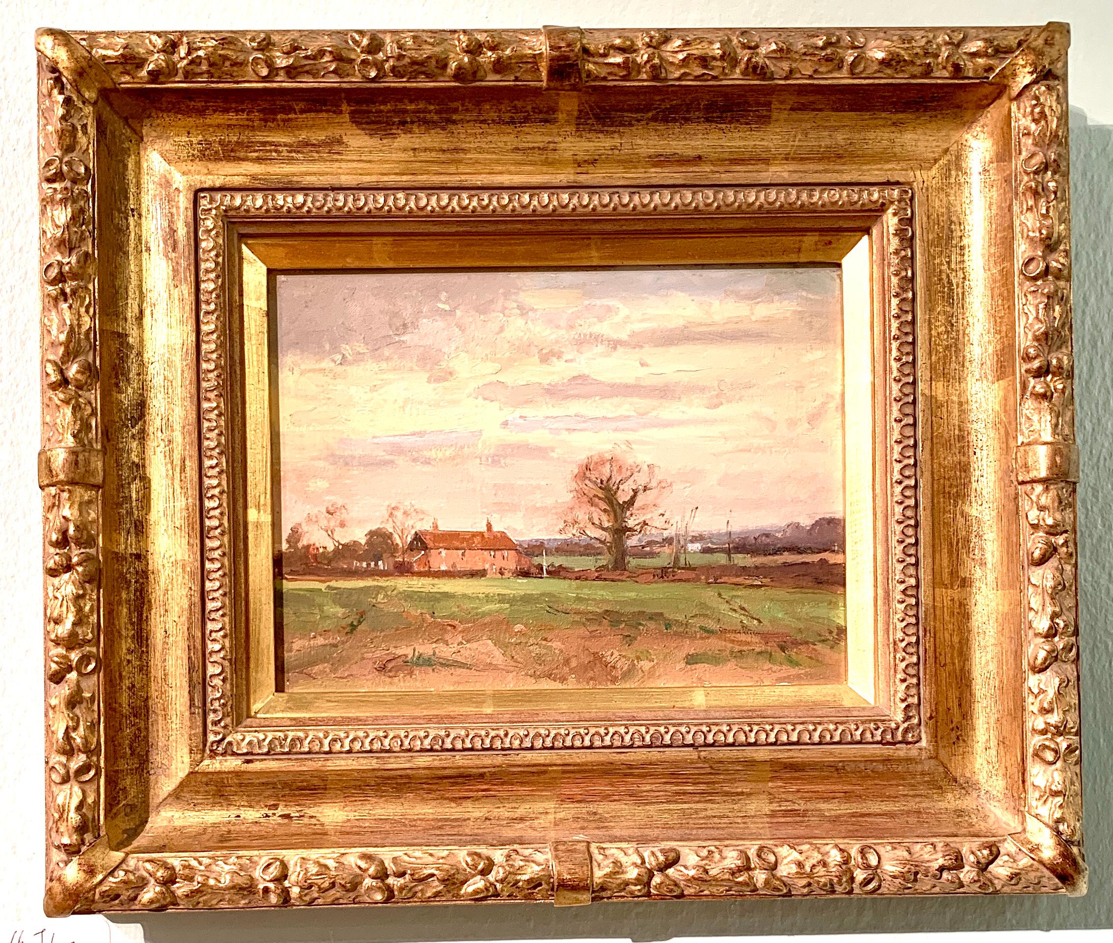 Keith Johnson Figurative Painting - English Impressionist landscape, Farm house with trees, Norfolk , England.