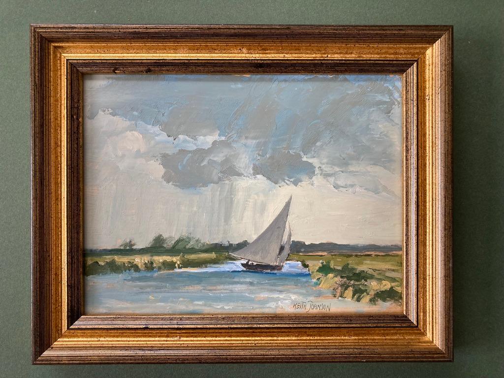 Keith Johnson (1931 - 2012)
Sailing boat on the broads
Signed
Oil on board
6 x 8 inches excluding the frame

Keith Arthur Johnson was born at South Pickenham, Swaffham, Norfolk in 1931. Keith painted from an early age and after attending Fakenham