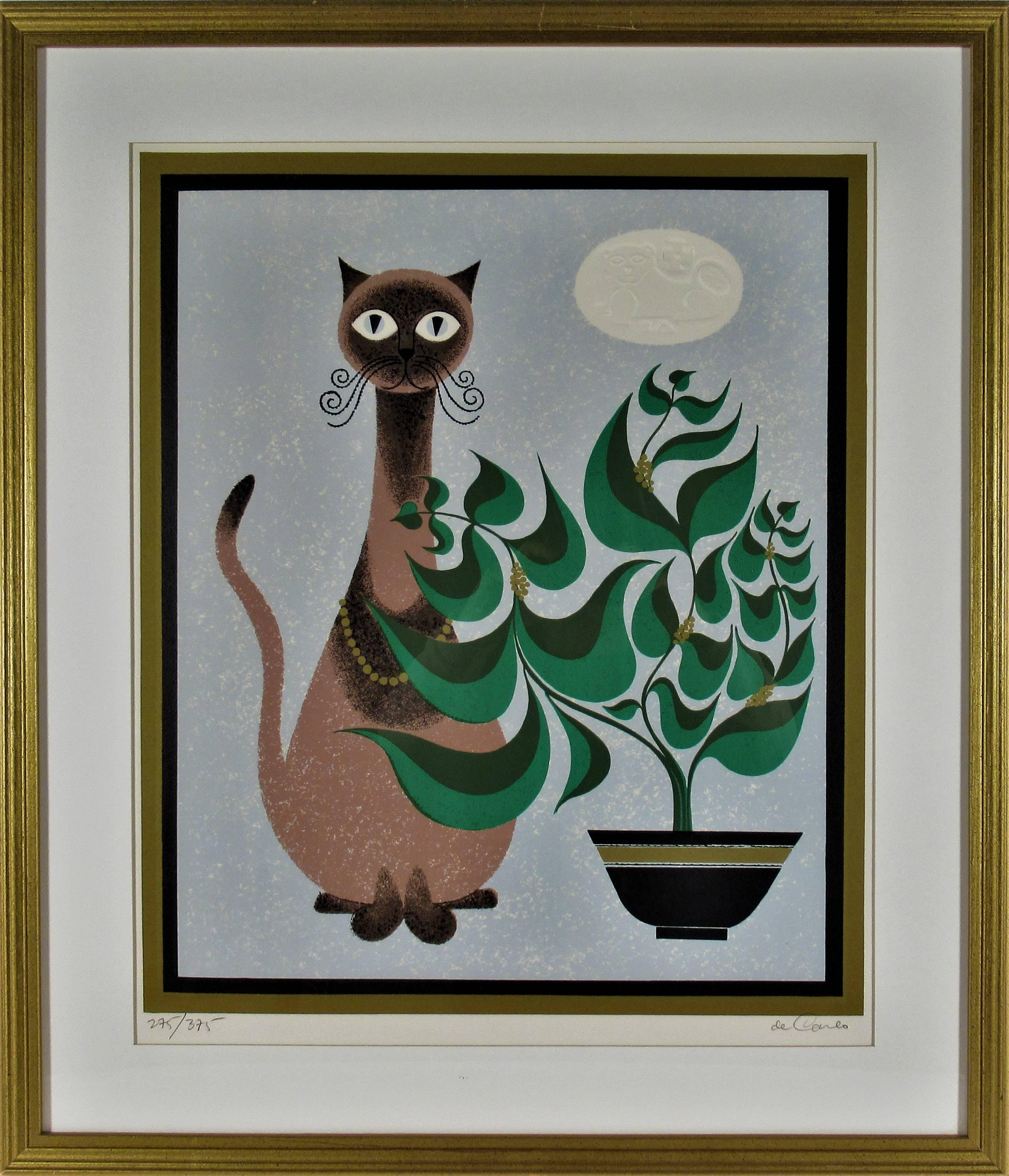 Keith Llewellyn De Carlo Still-Life Print - Cat standing Near a Plant 