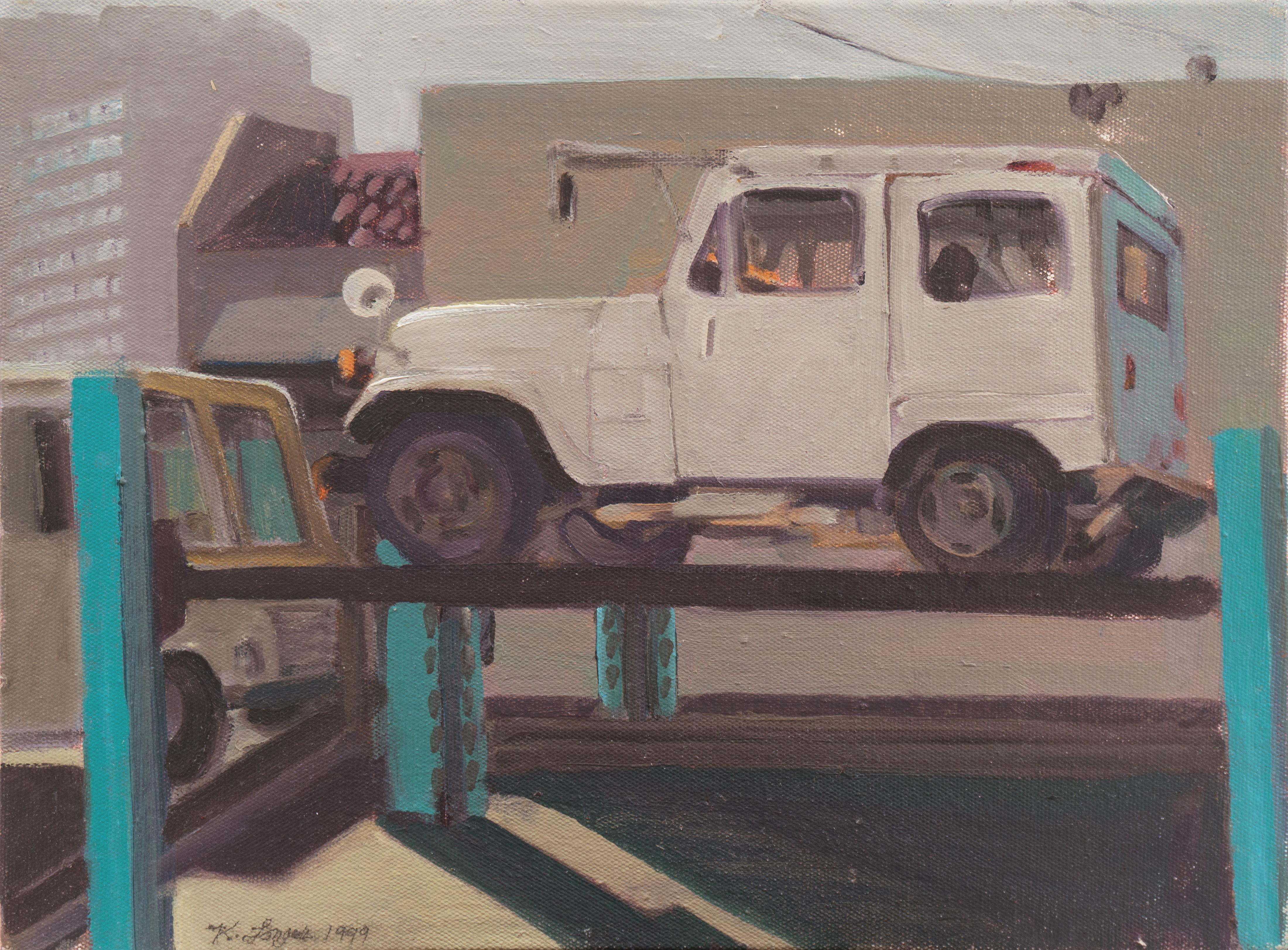 Keith Longcor Landscape Painting - 'International Harvester', Industrial auto shop scene, California