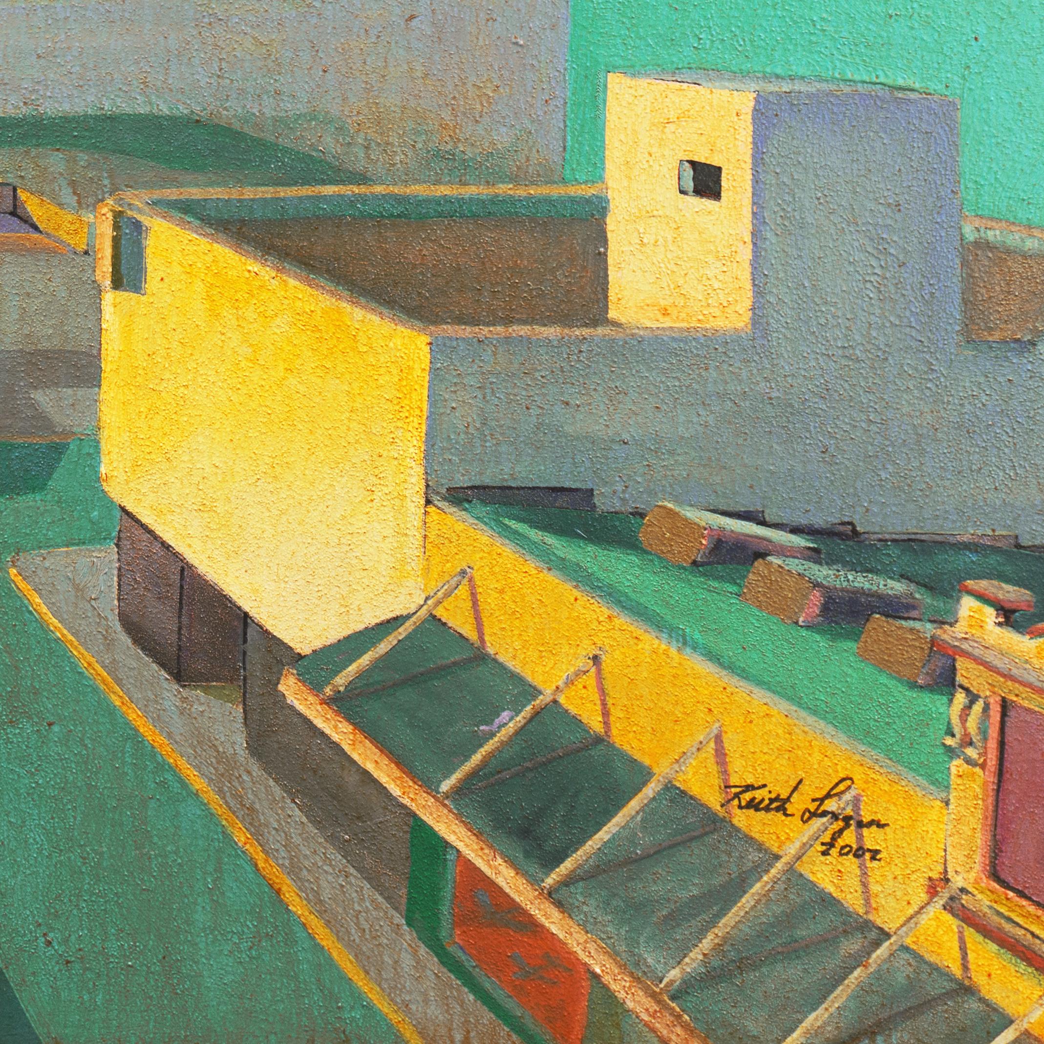'Red Glider', Large California Modernist oil, Modesto Urban Landscape, Airplane - Brown Landscape Painting by Keith Longcor