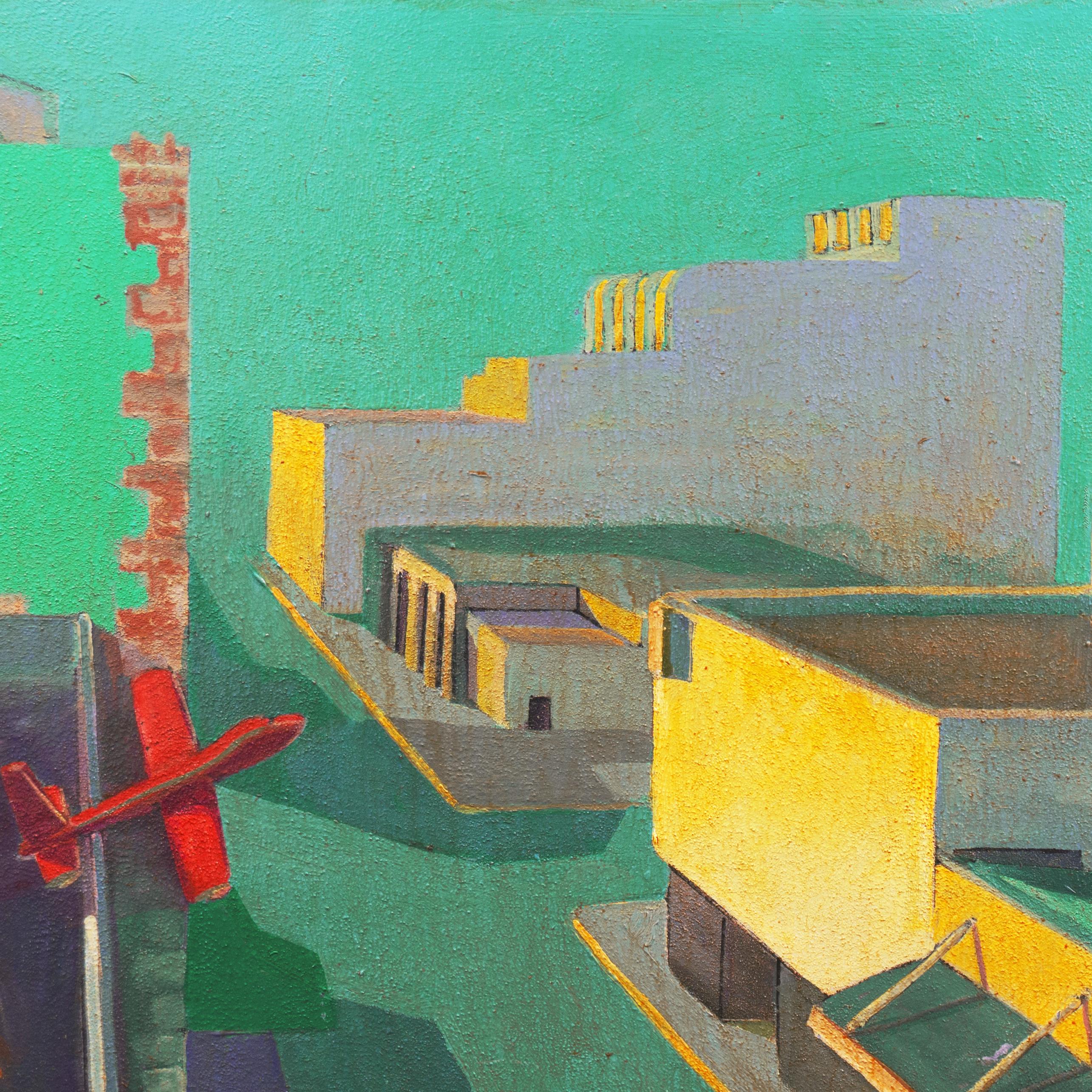 Signed lower right, 'Keith Longcor' (American, 1944-2015) and dated, '2002'; additionally titled verso, 'Airplanes from a Parking Garage- Modesto CA'.

A substantial Modernist landscape by this listed California artist who painted and exhibited in