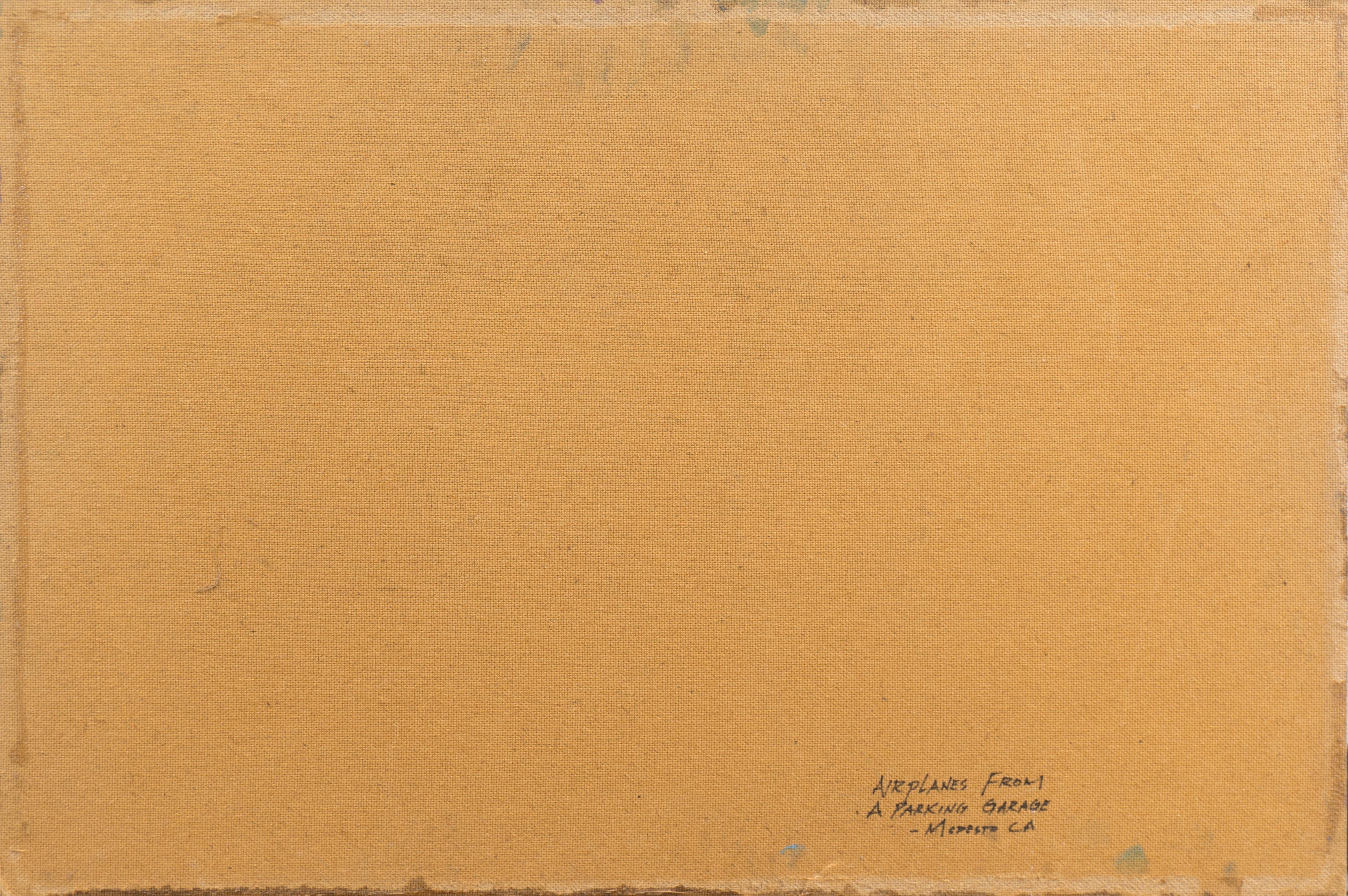 Signed lower right, 'Keith Longcor' (American, 1944-2015) and dated, '2002'; additionally titled verso, 'Airplanes from a Parking Garage- Modesto CA'.

A substantial Modernist landscape by this listed California artist who painted and exhibited in
