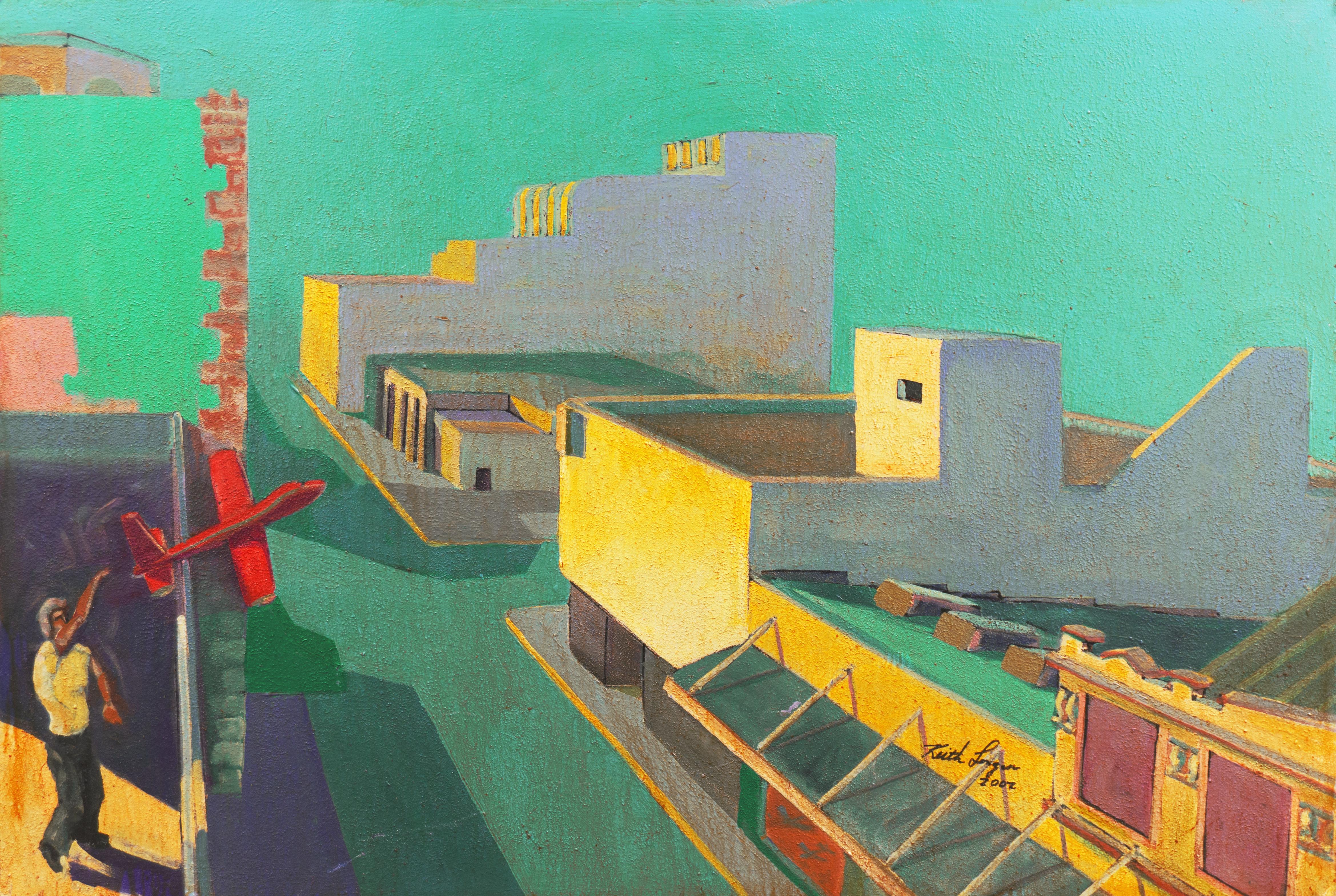 Red Glider", Großes kalifornisches modernistisches Öl, Stadtlandschaft von Modesto, Flugzeug