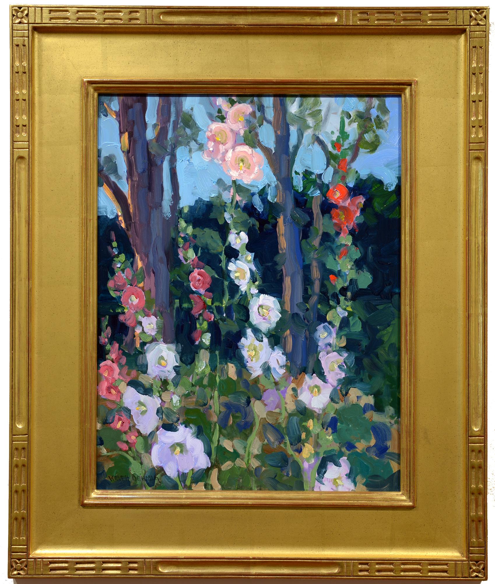 Hollyhocks, Impressionist, Oil, Flowers, Garden - Painting by Keith Oehmig