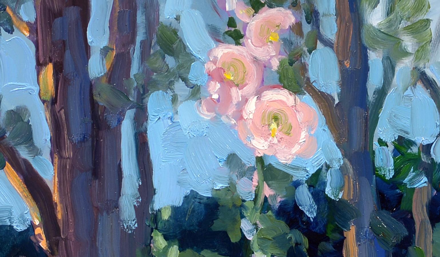 Hollyhocks, Impressionist, Öl, Blumen, Garten (Impressionismus), Painting, von Keith Oehmig