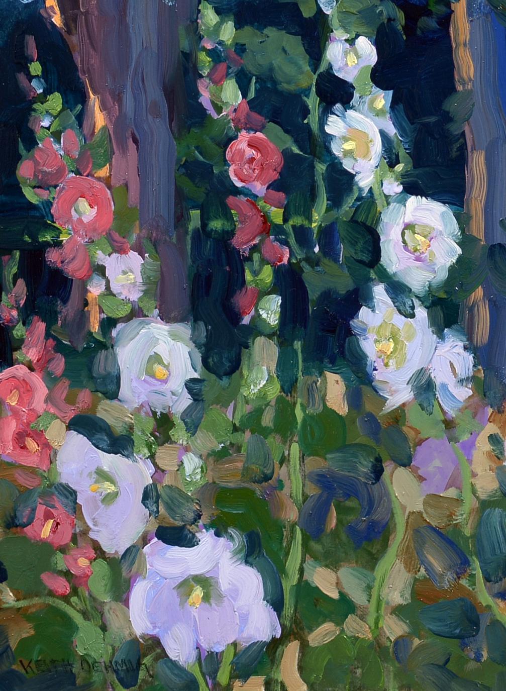Hollyhocks, Impressionist, Oil, Flowers, Garden For Sale 1
