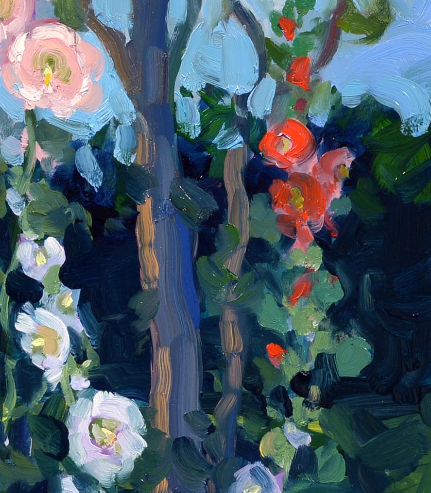 Hollyhocks, Impressionist, Oil, Flowers, Garden For Sale 2