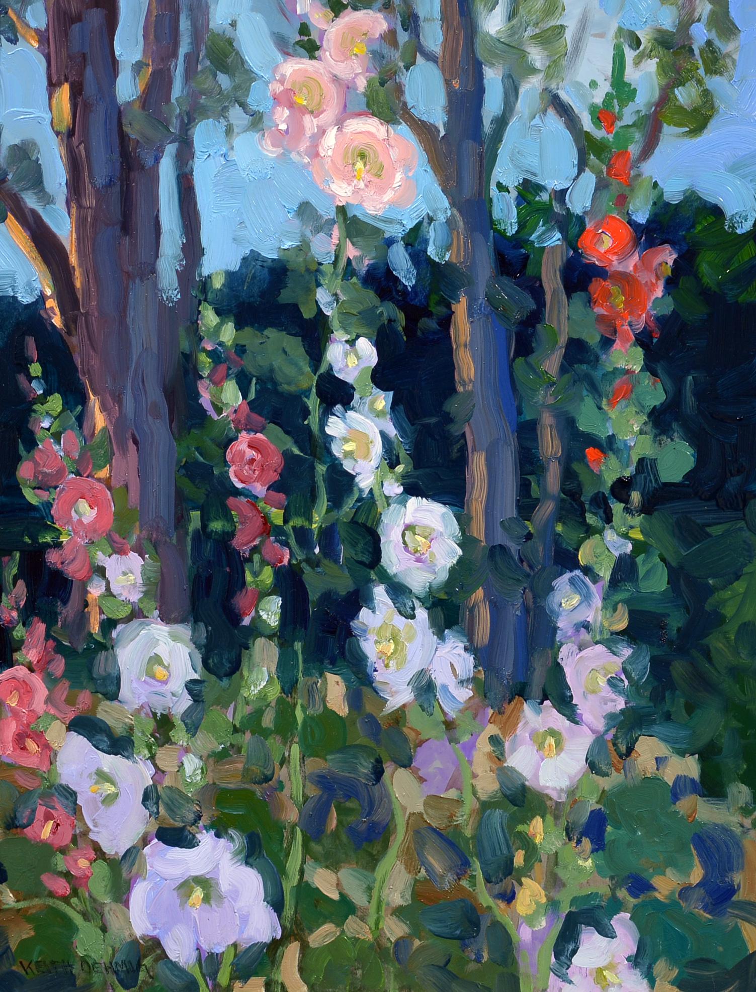 Keith Oehmig Landscape Painting – Hollyhocks, Impressionist, Öl, Blumen, Garten