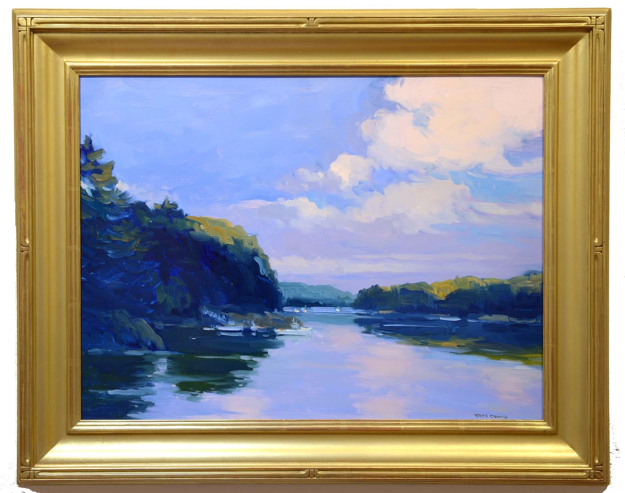 Long Cove, Harpswell, Maine, paysage, côtier, bateaux, impressionniste, huile - Painting de Keith Oehmig