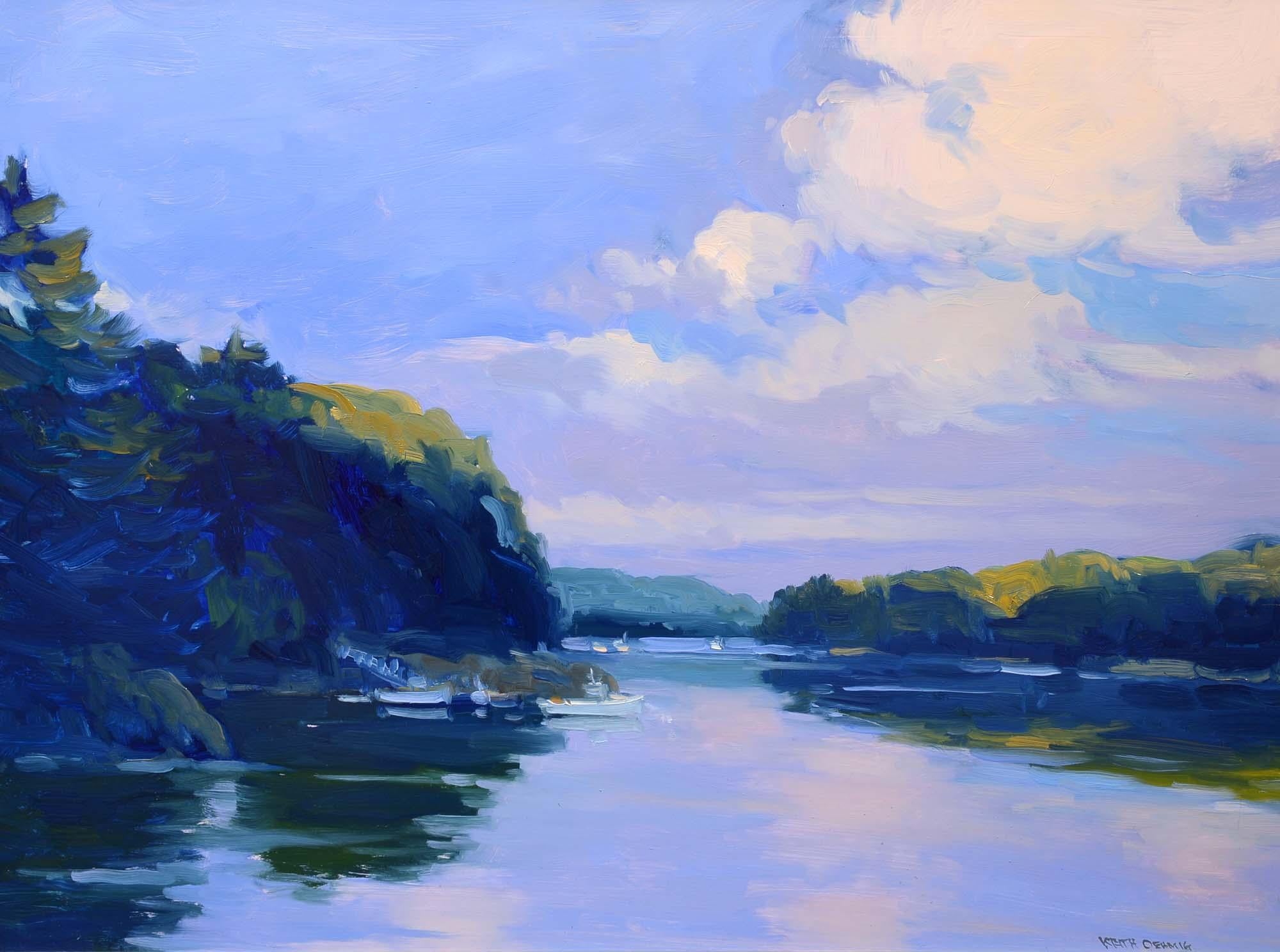 Landscape Painting Keith Oehmig - Long Cove, Harpswell, Maine, paysage, côtier, bateaux, impressionniste, huile