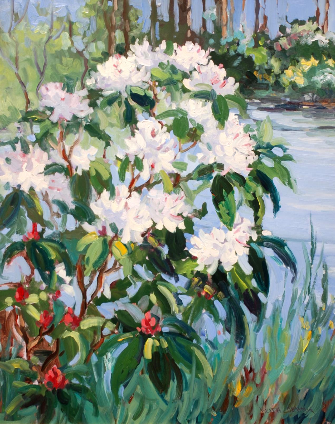Keith Oehmig Landscape Painting - "Rhododendron on the Shore" contemporary impressionist landscape painting 