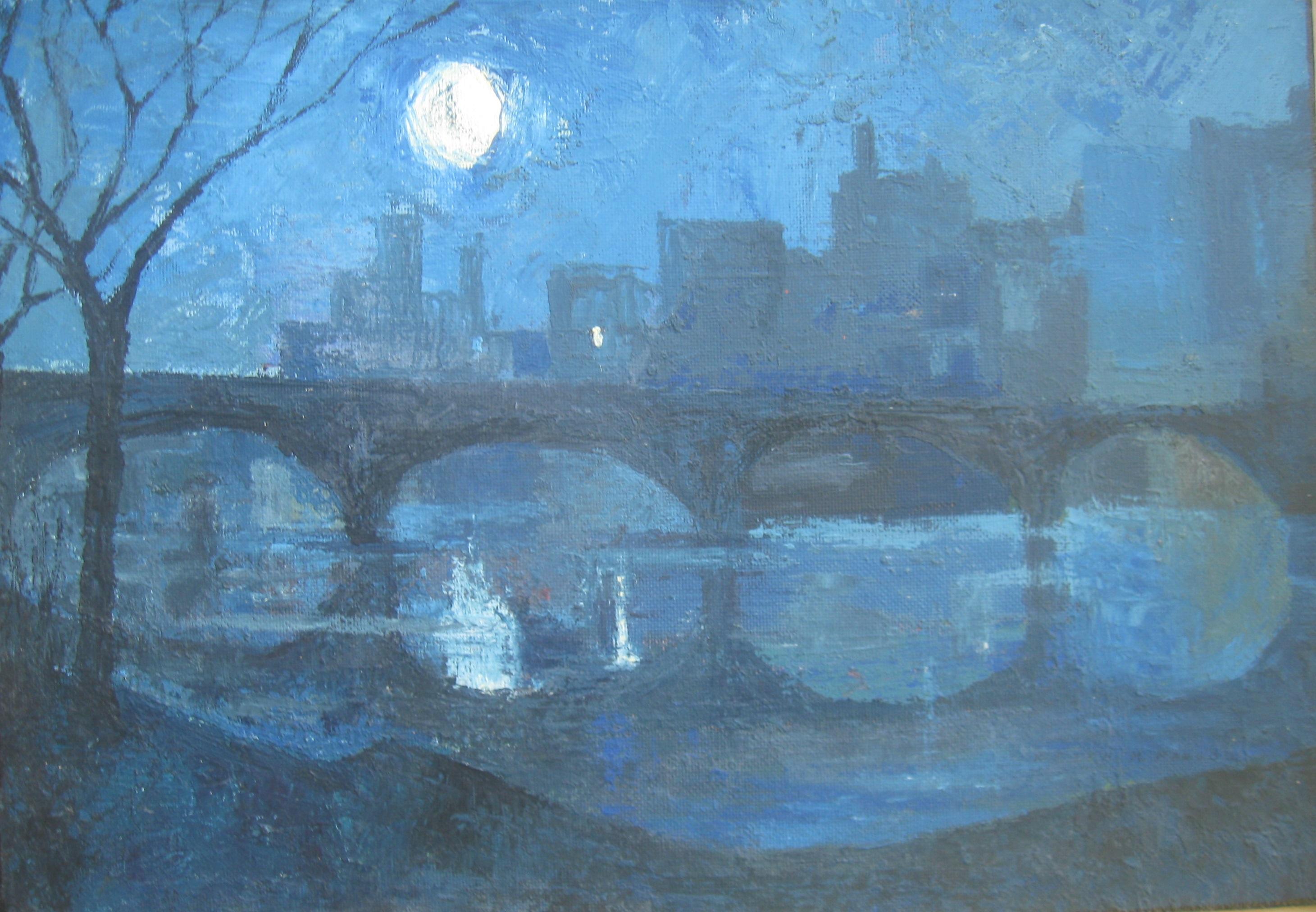 'Nocturne, The River Thames, London'. oil c1950's - Painting by Keith Parsons
